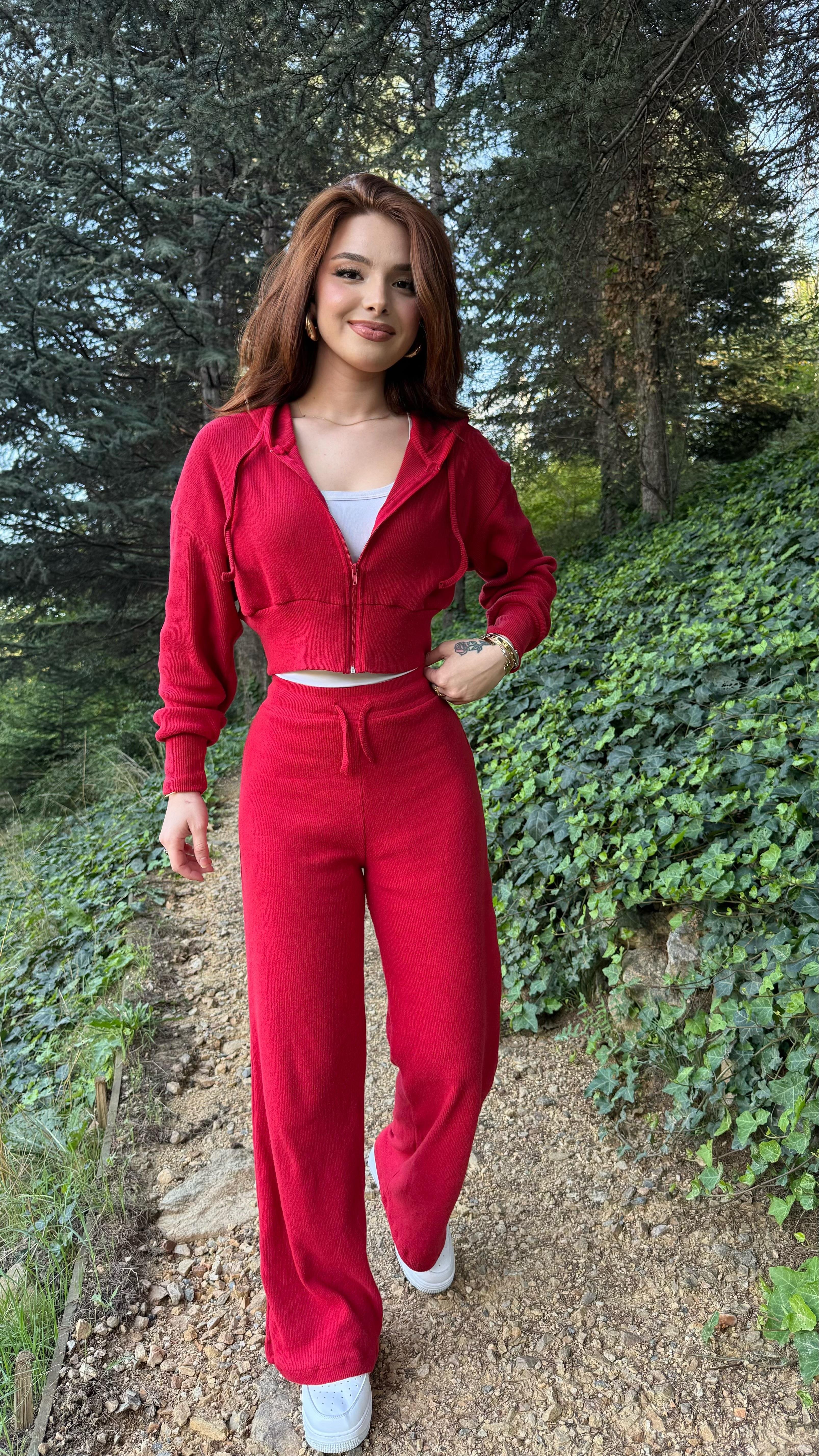 Ronessme Crop Hırka Takım Kırmızı