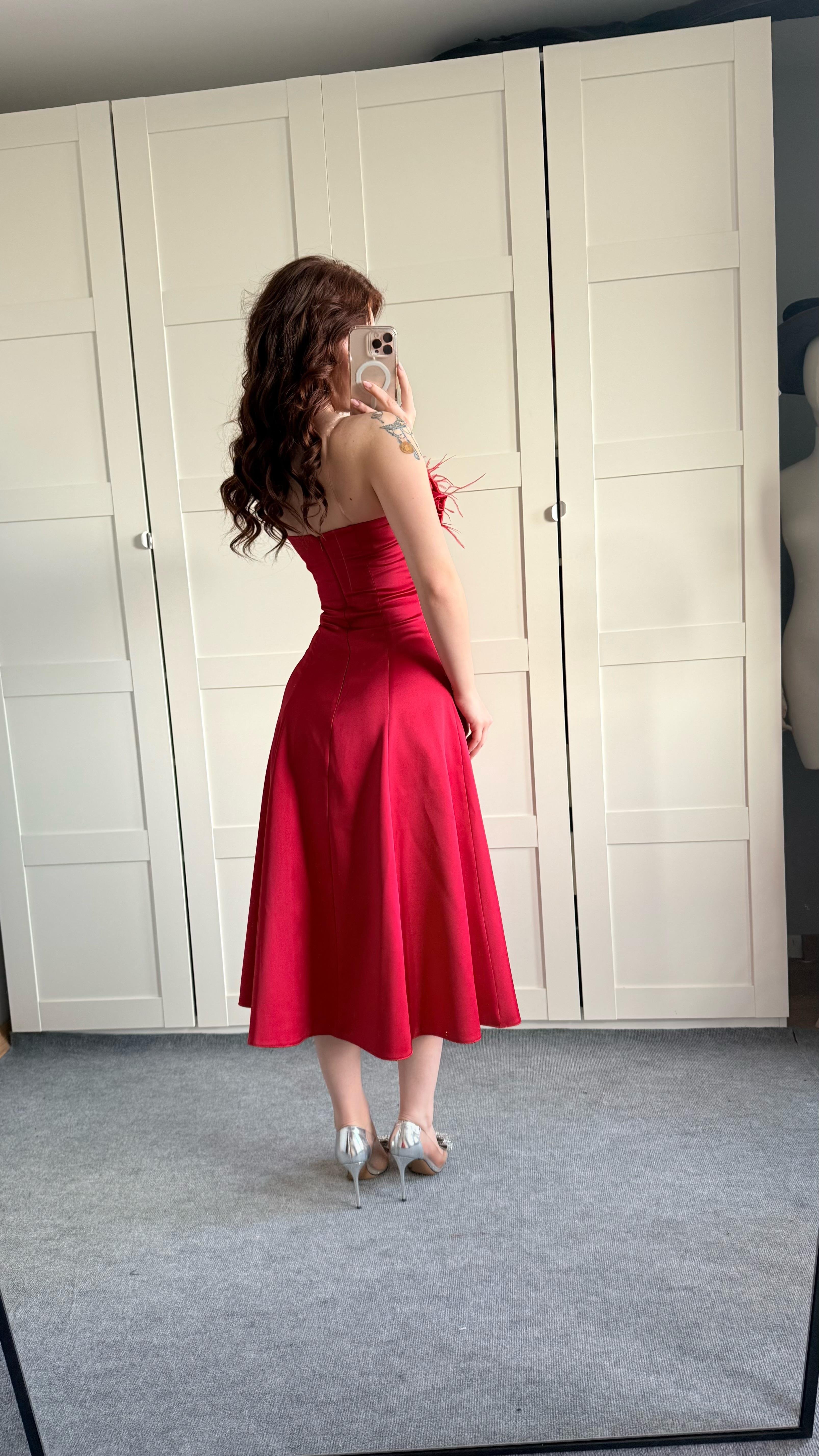 Rose Otrişli Midi Abiye Kırmızı