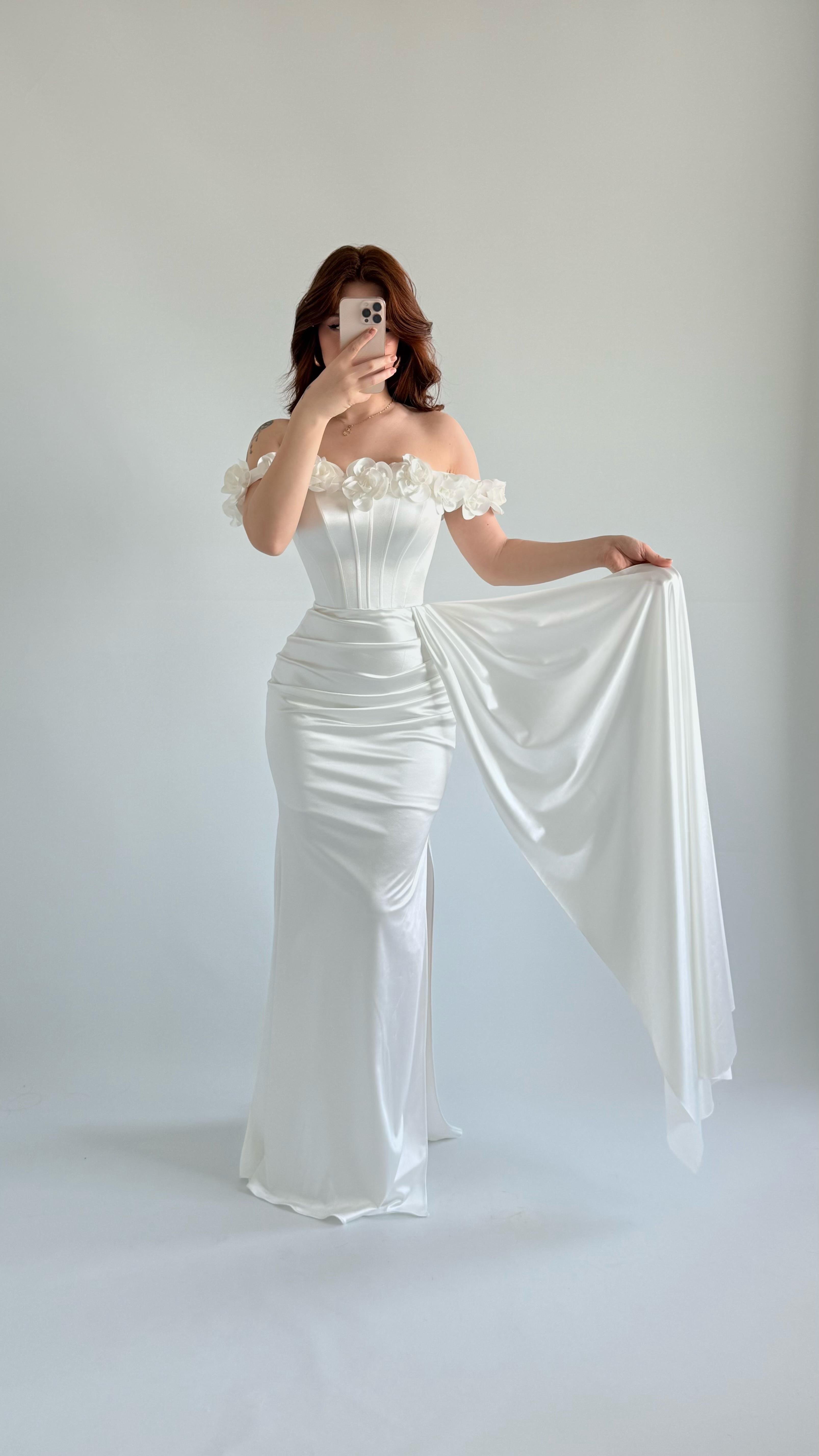 Roseline Çiçekli Abiye Beyaz