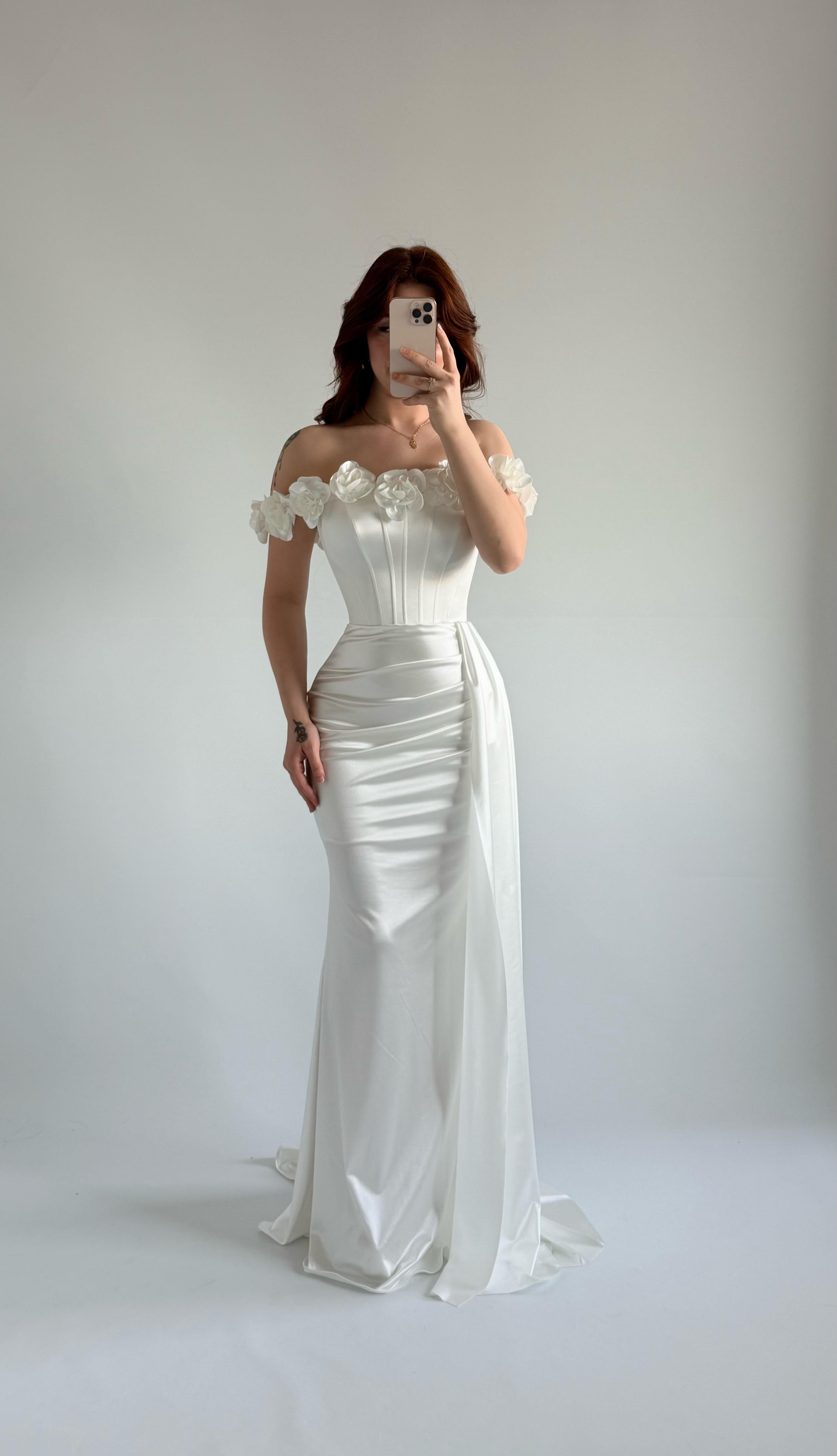 Roseline Çiçekli Abiye Beyaz