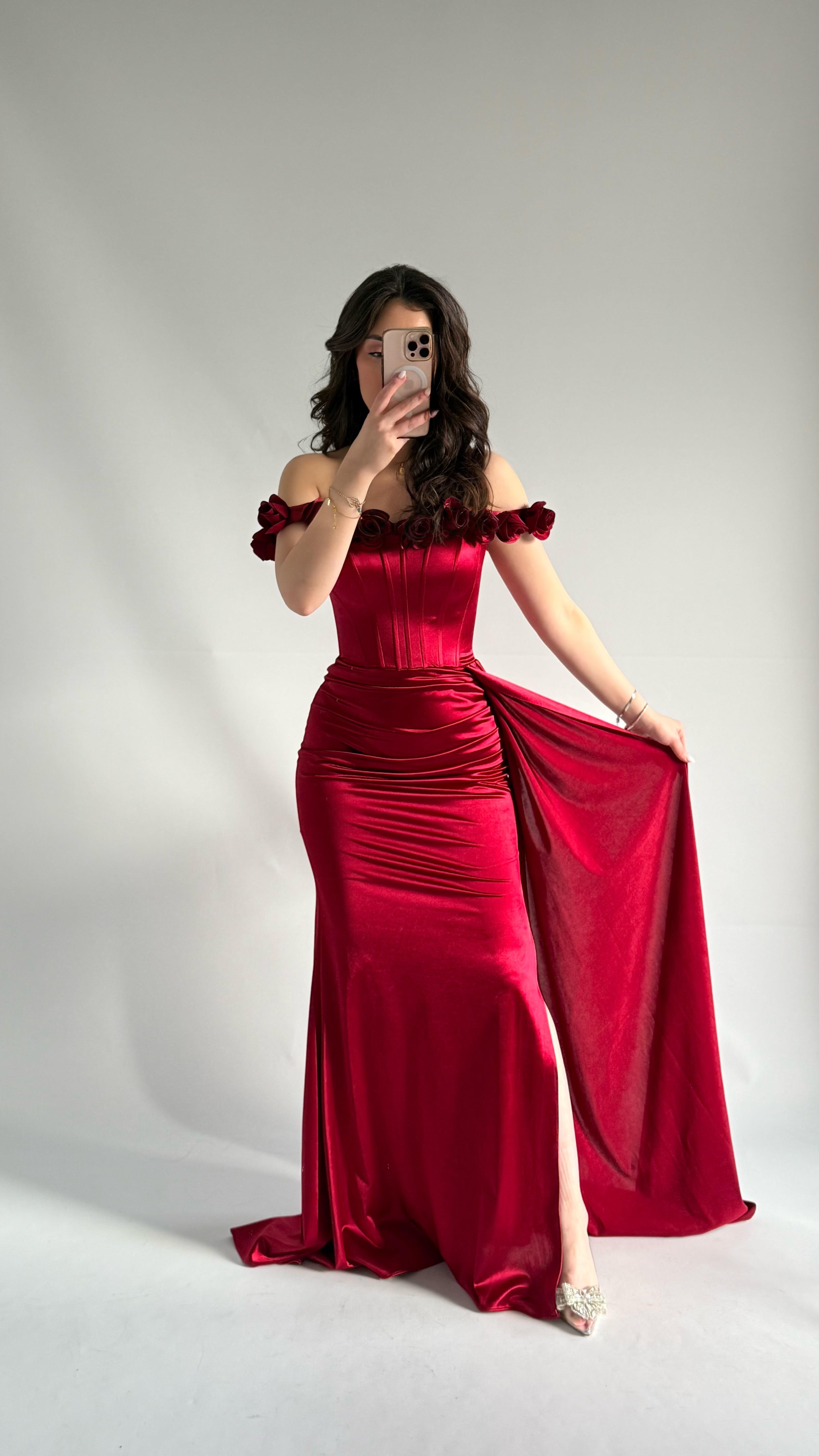 Roseline Çiçekli Abiye Bordo