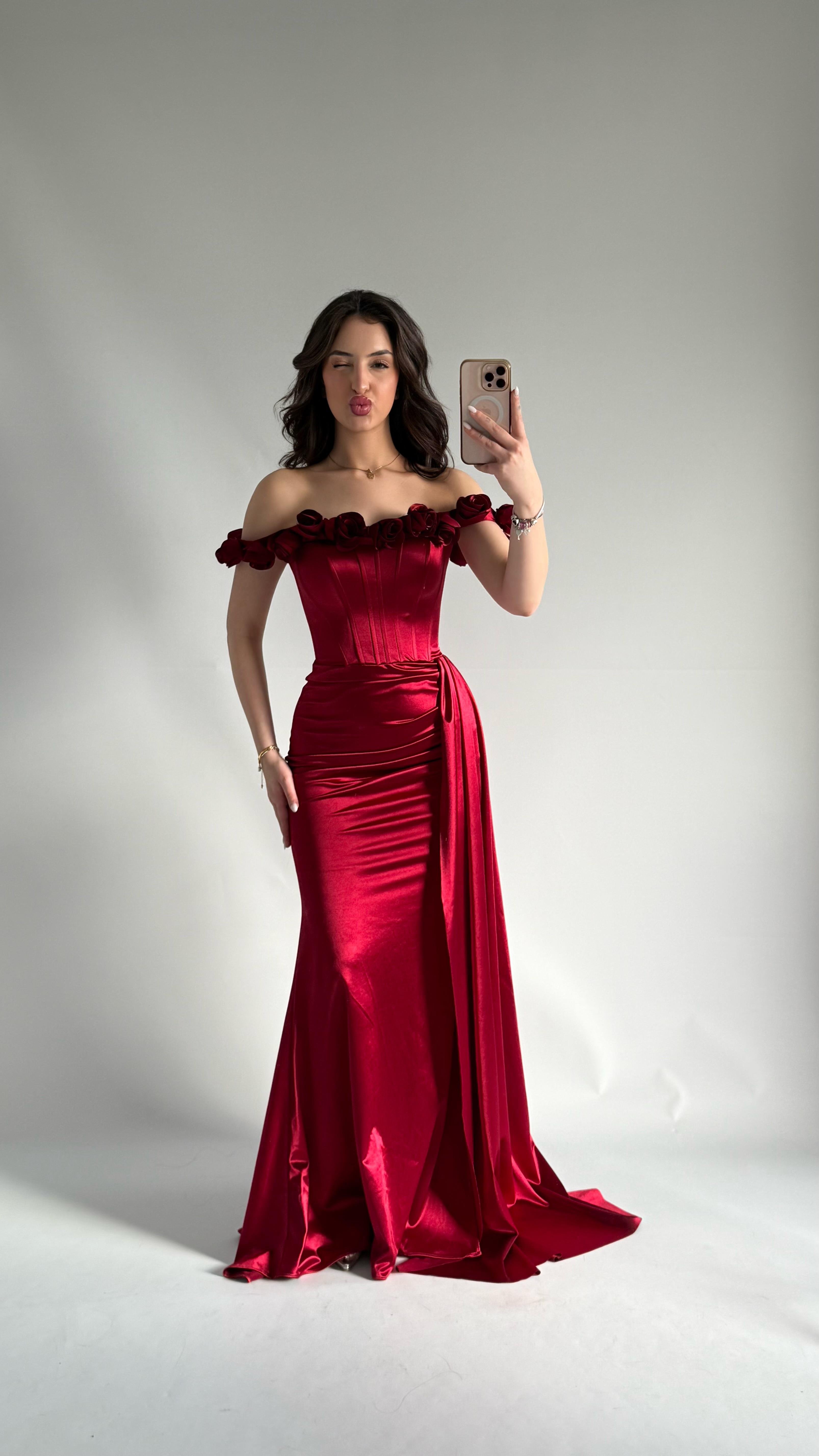 Roseline Çiçekli Abiye Bordo