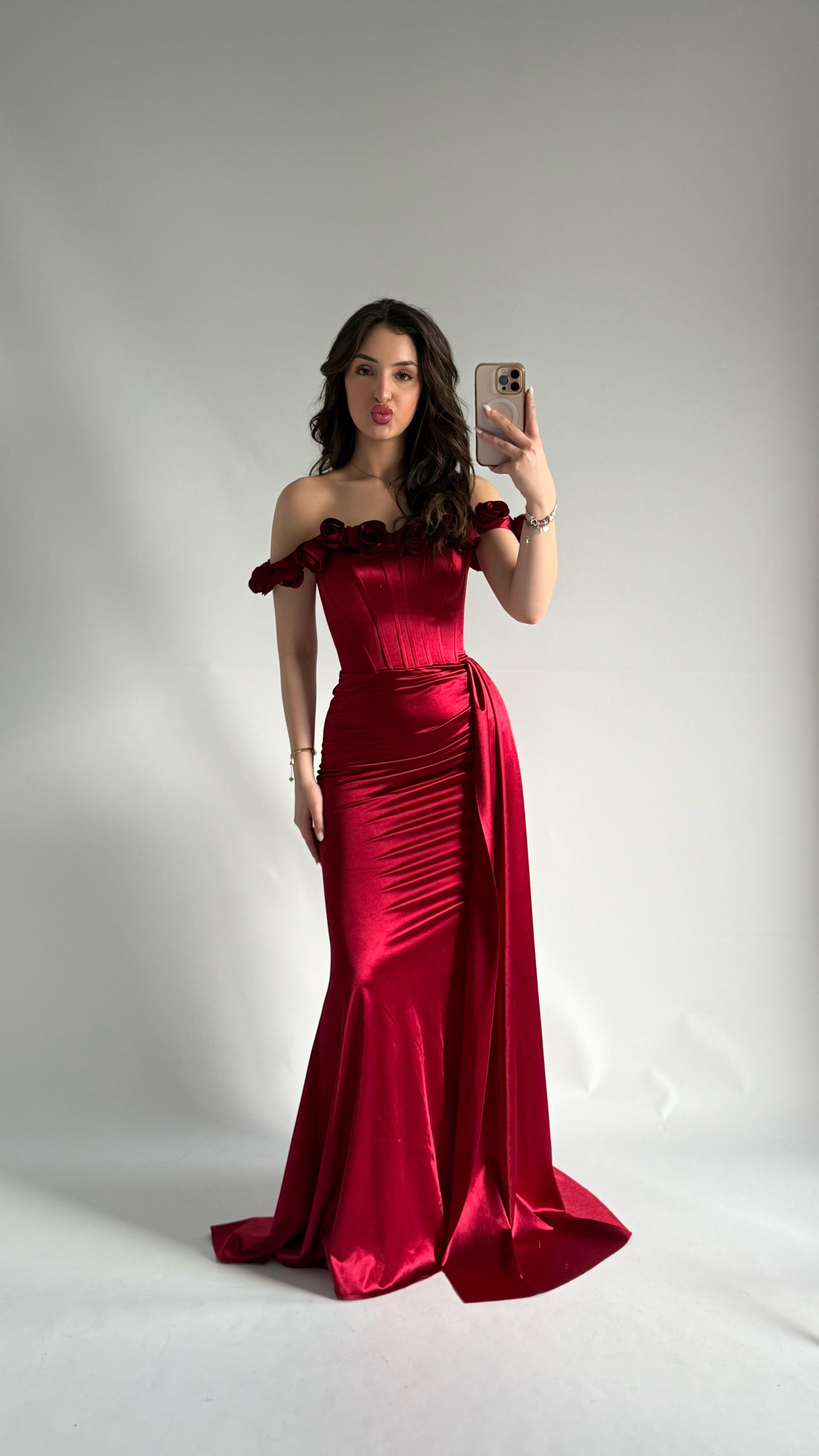Roseline Çiçekli Abiye Bordo
