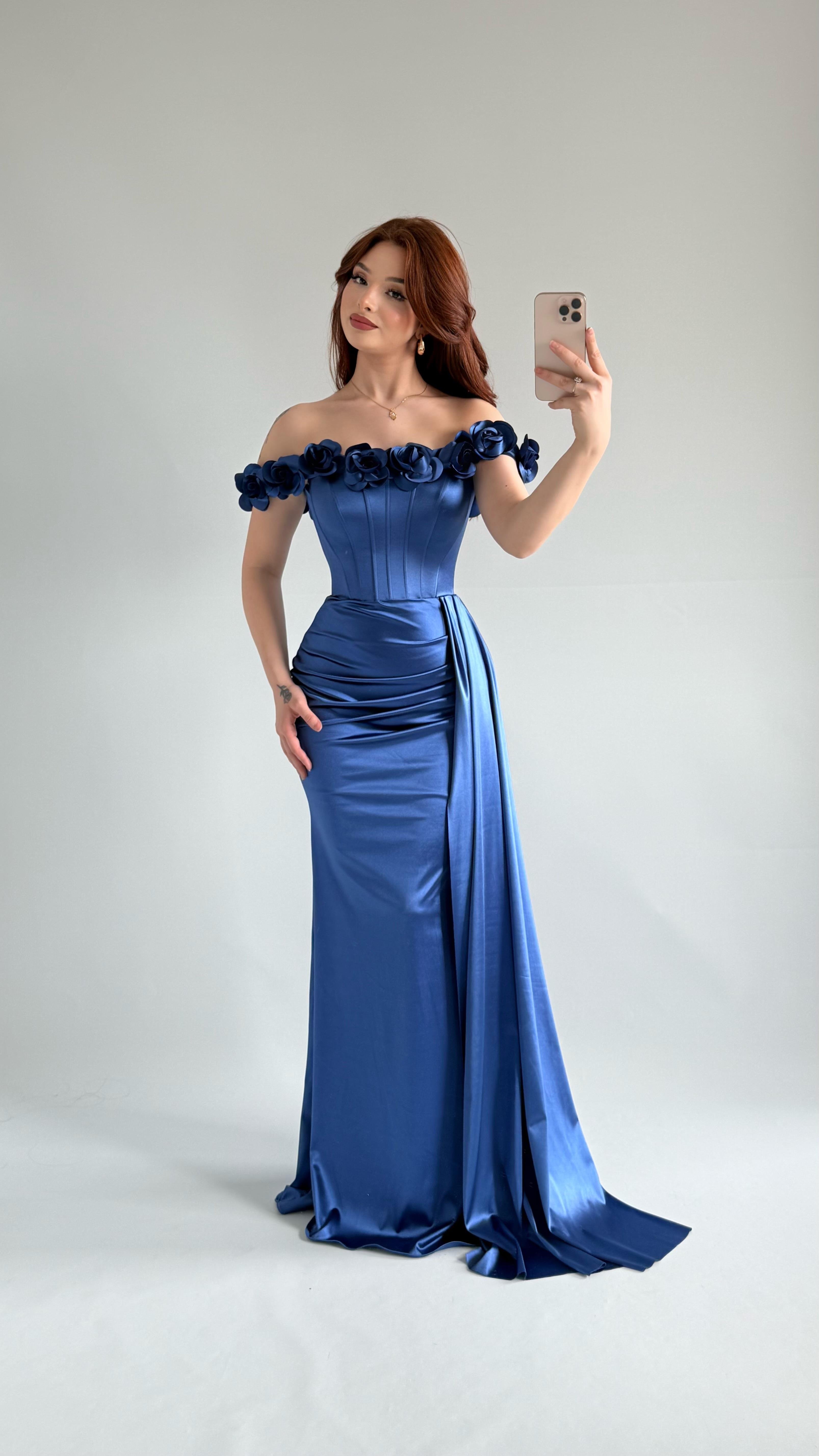 Roseline Çiçekli Abiye İndigo Mavisi