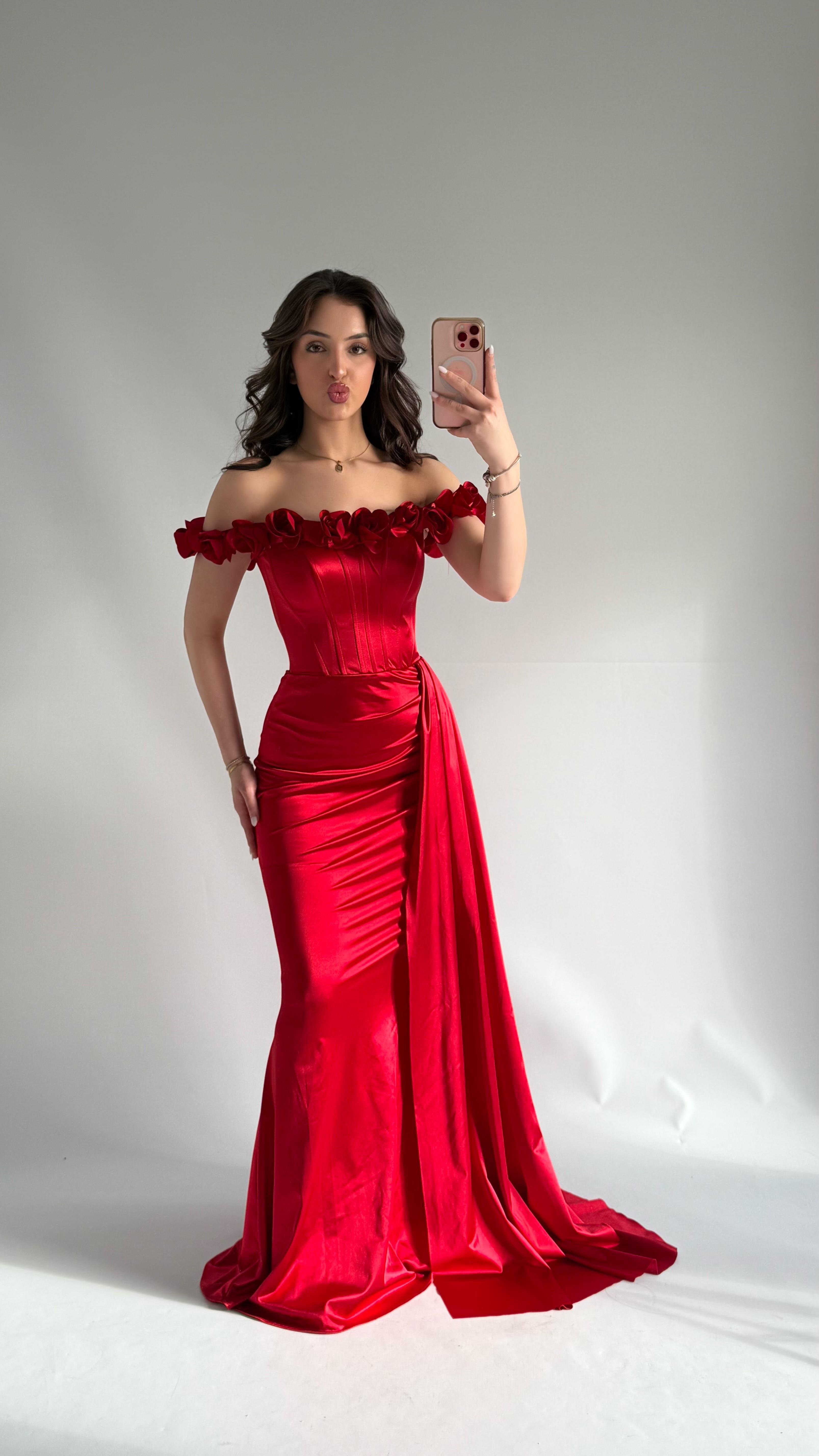 Roseline Çiçekli Abiye Kırmızı