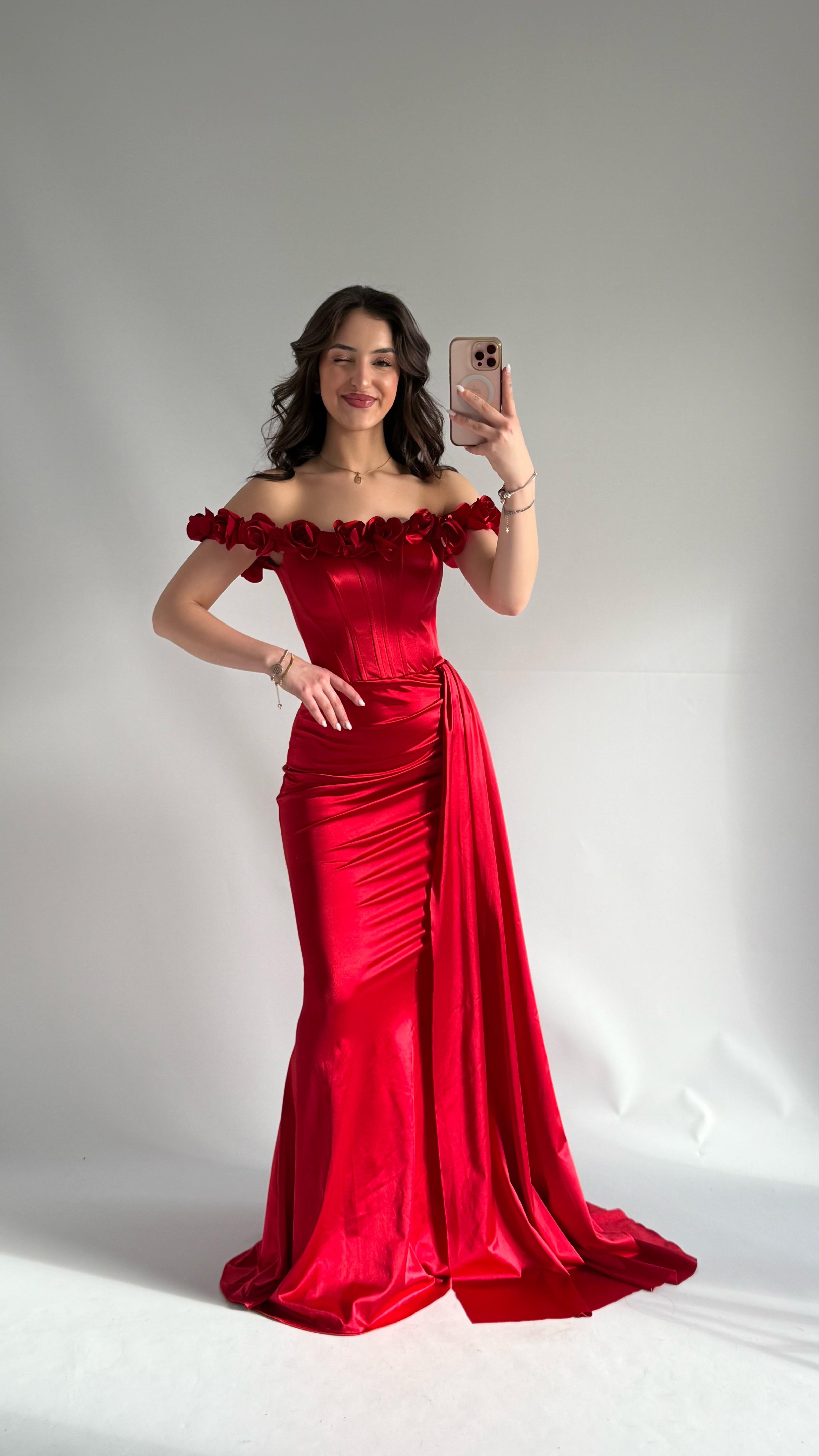 Roseline Çiçekli Abiye Kırmızı