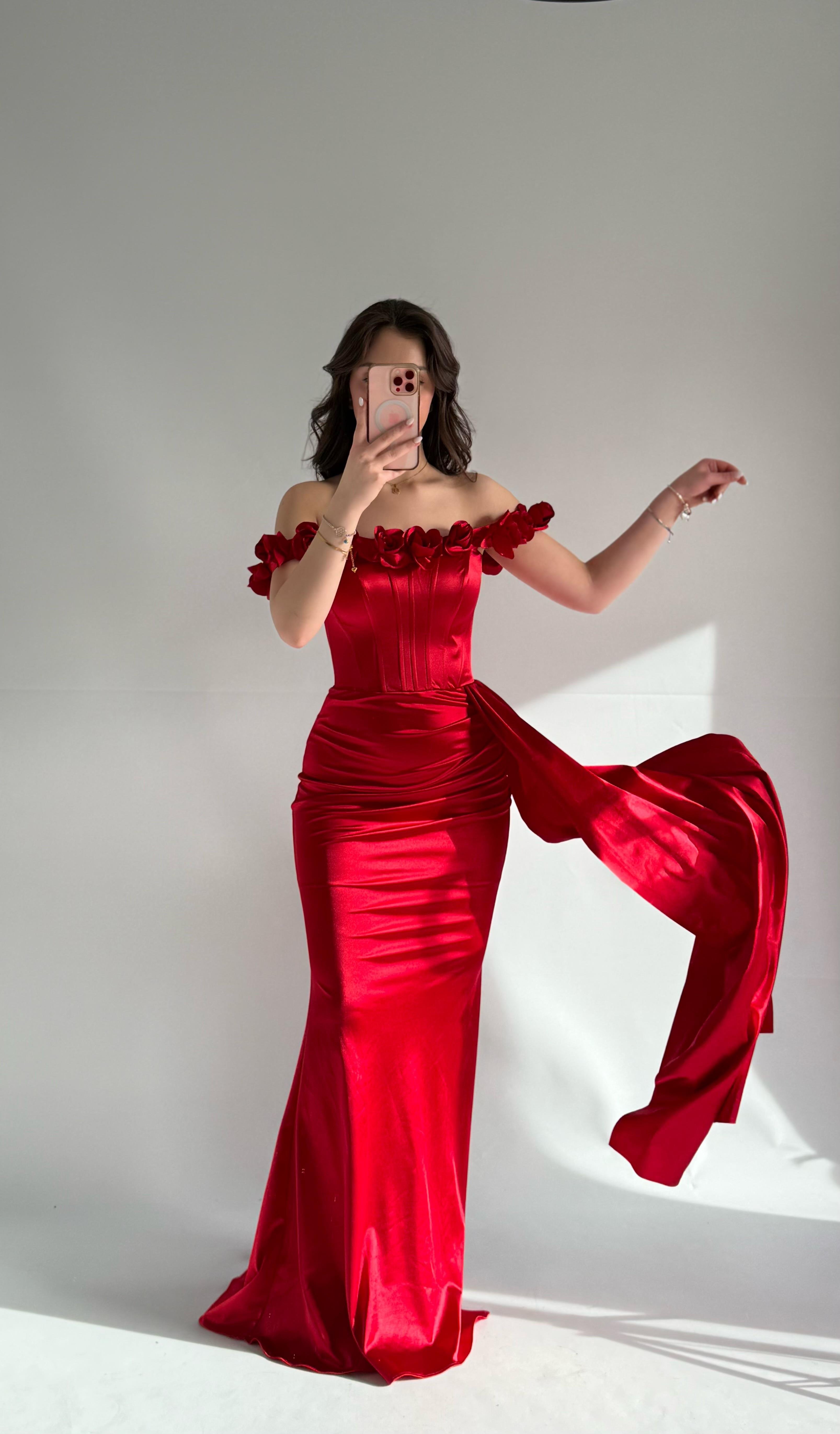 Roseline Çiçekli Abiye Kırmızı