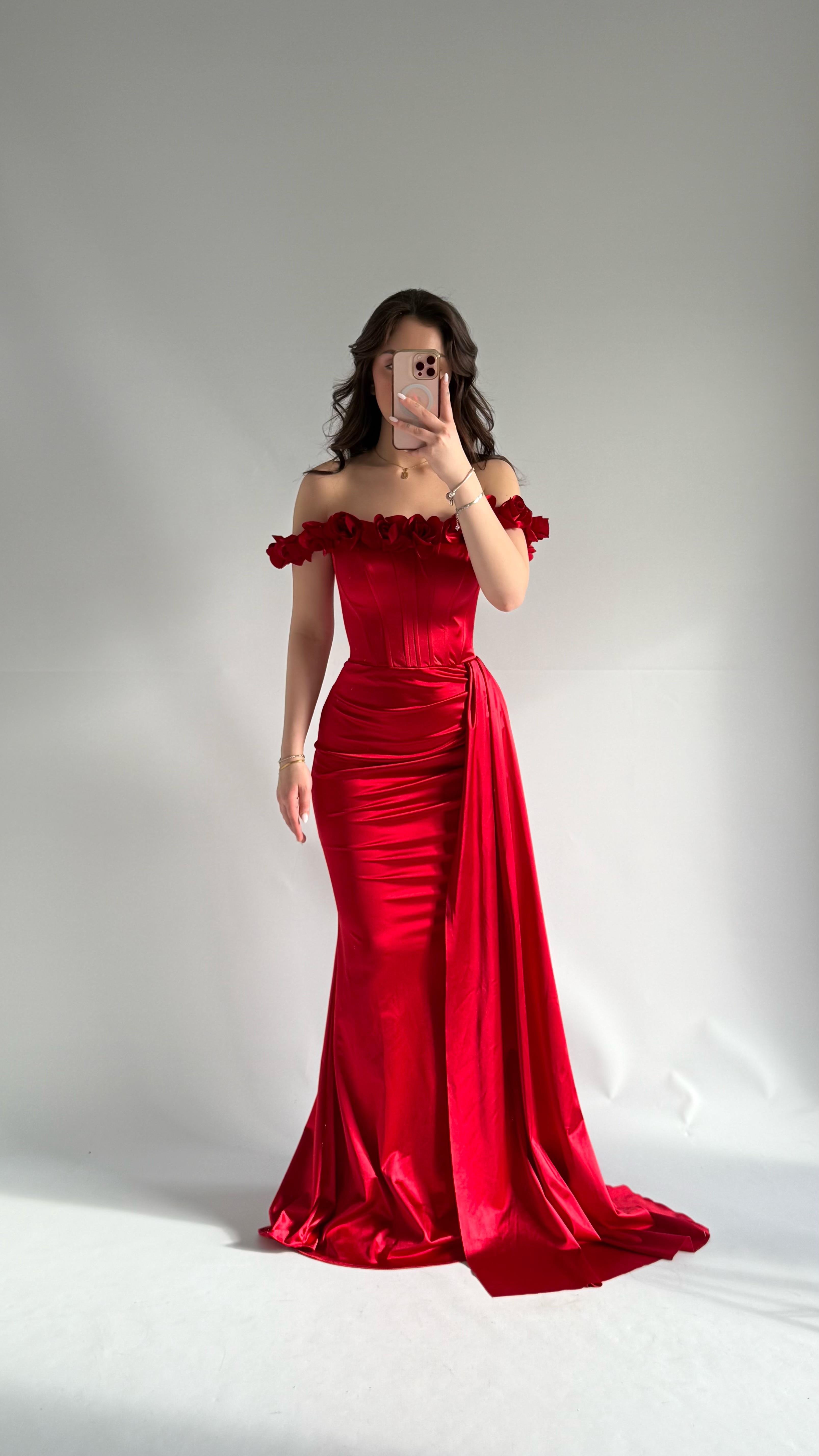 Roseline Çiçekli Abiye Kırmızı