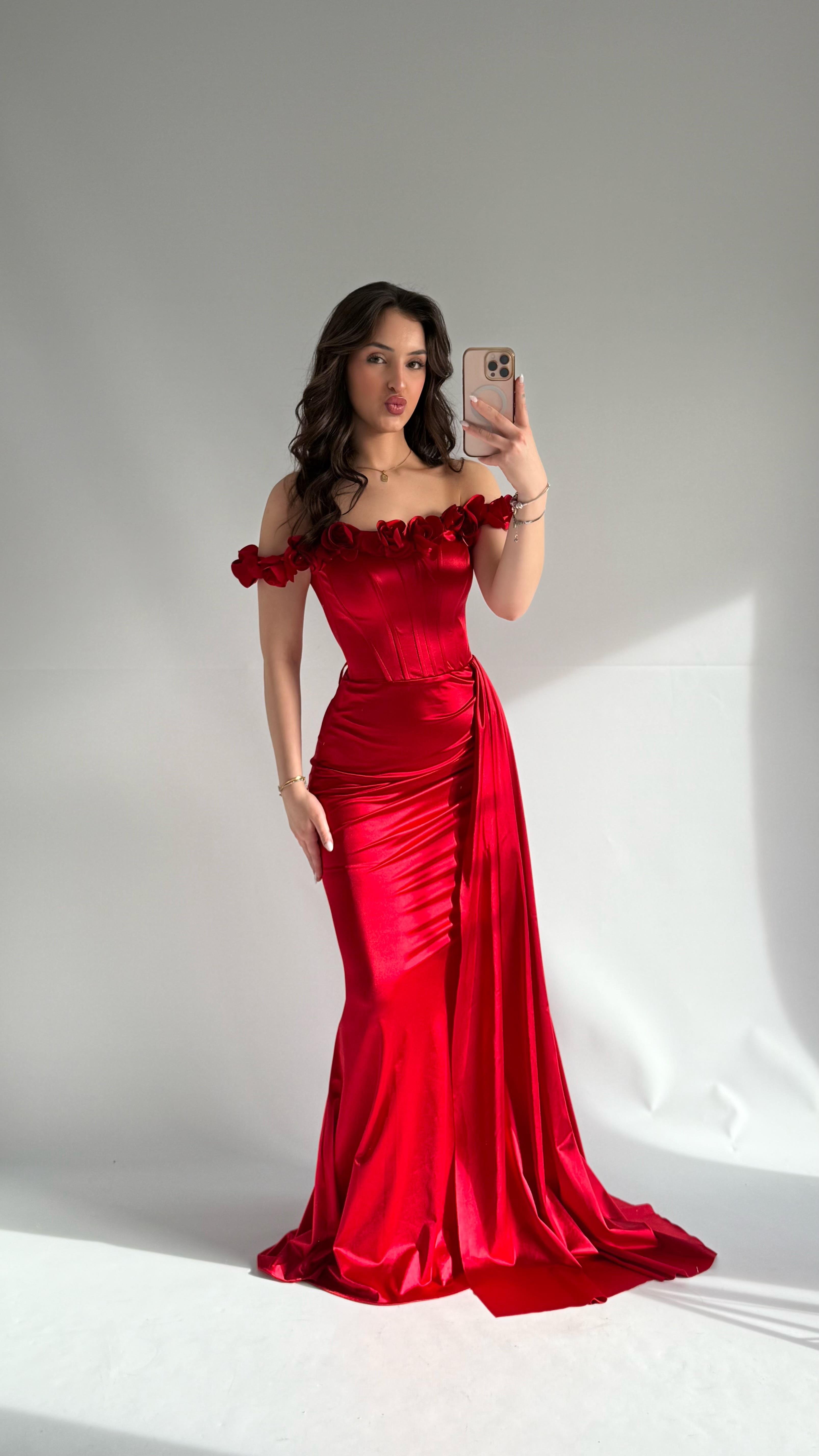 Roseline Çiçekli Abiye Kırmızı