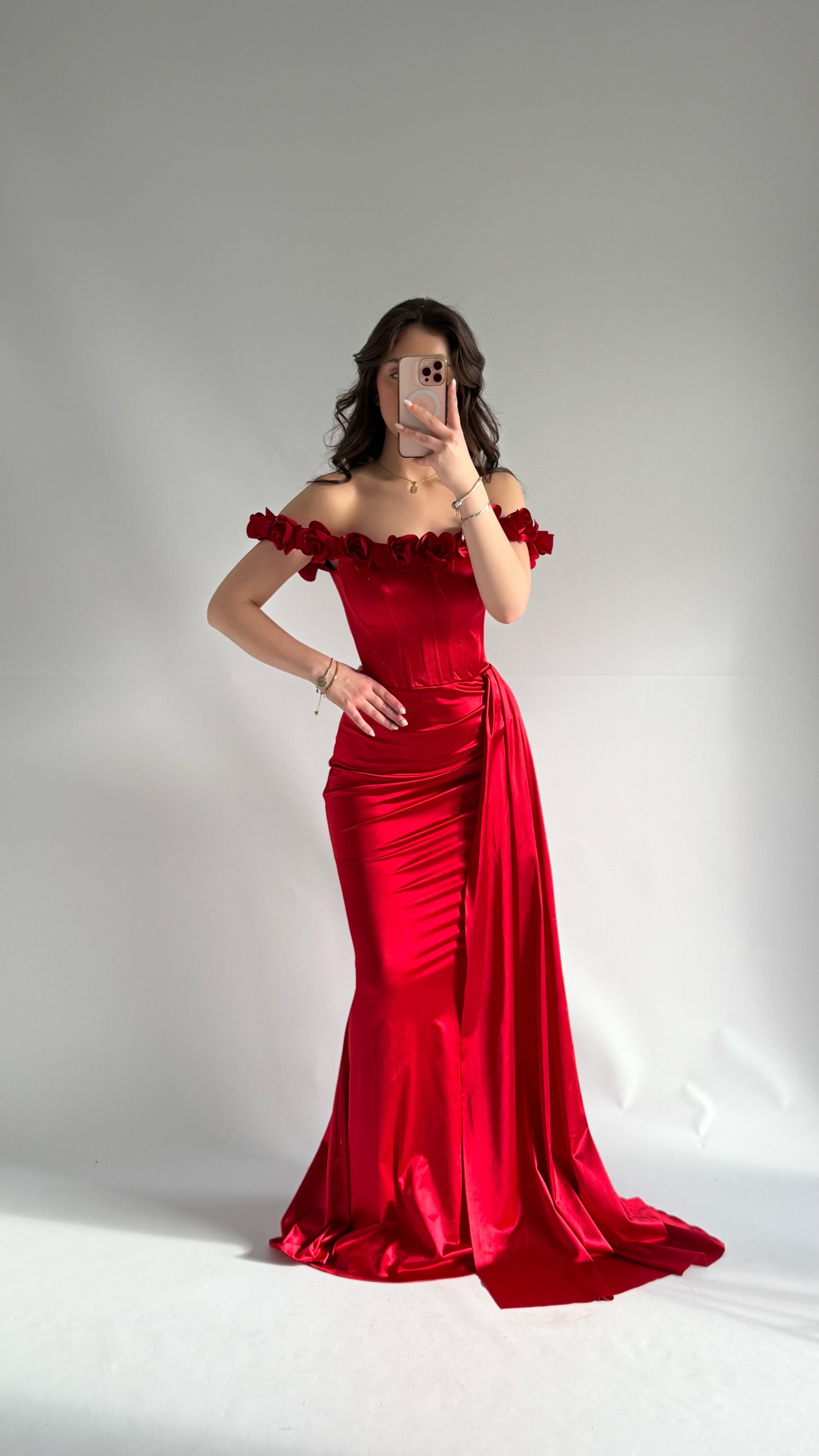 Roseline Çiçekli Abiye Kırmızı