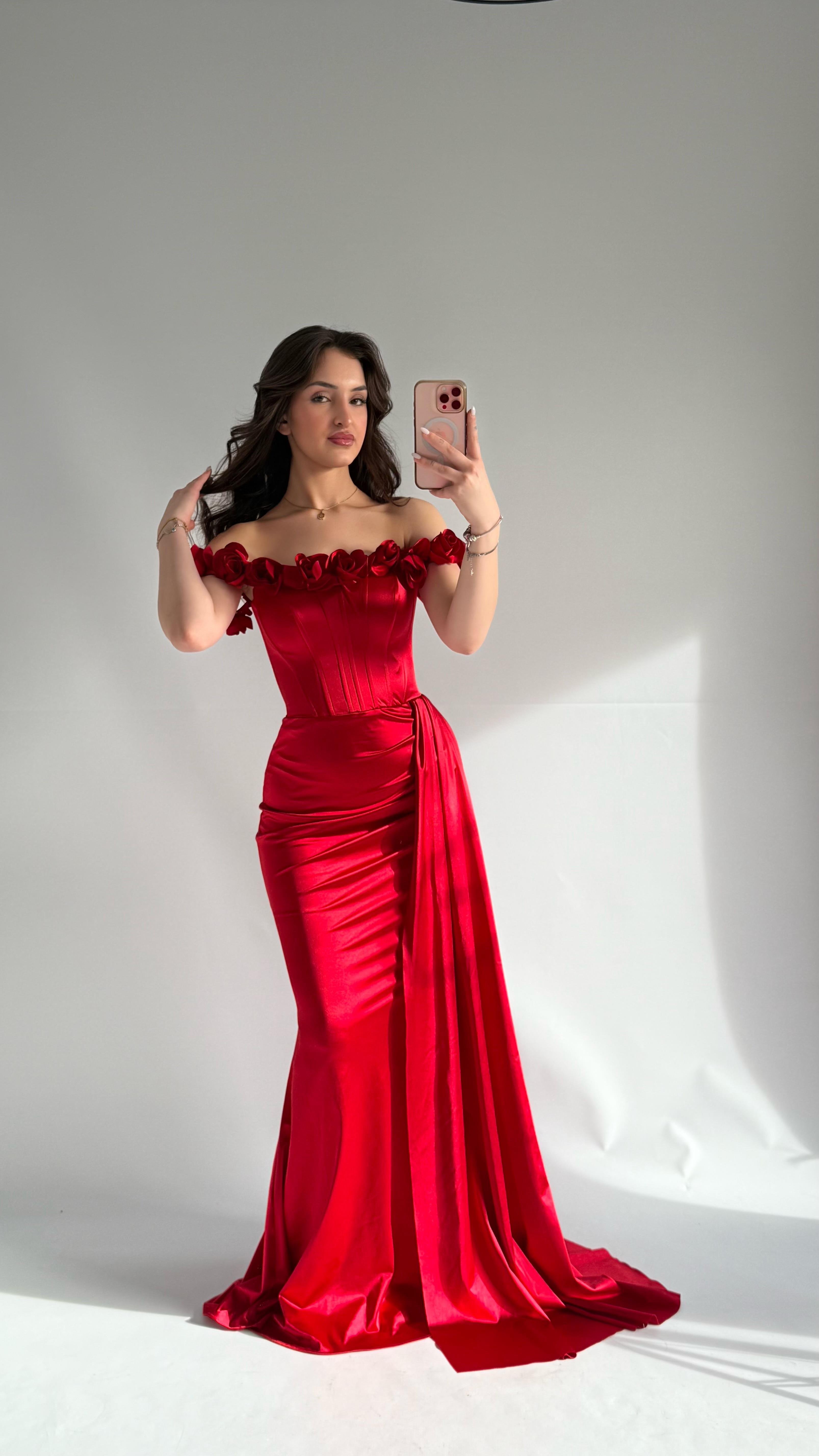 Roseline Çiçekli Abiye Kırmızı