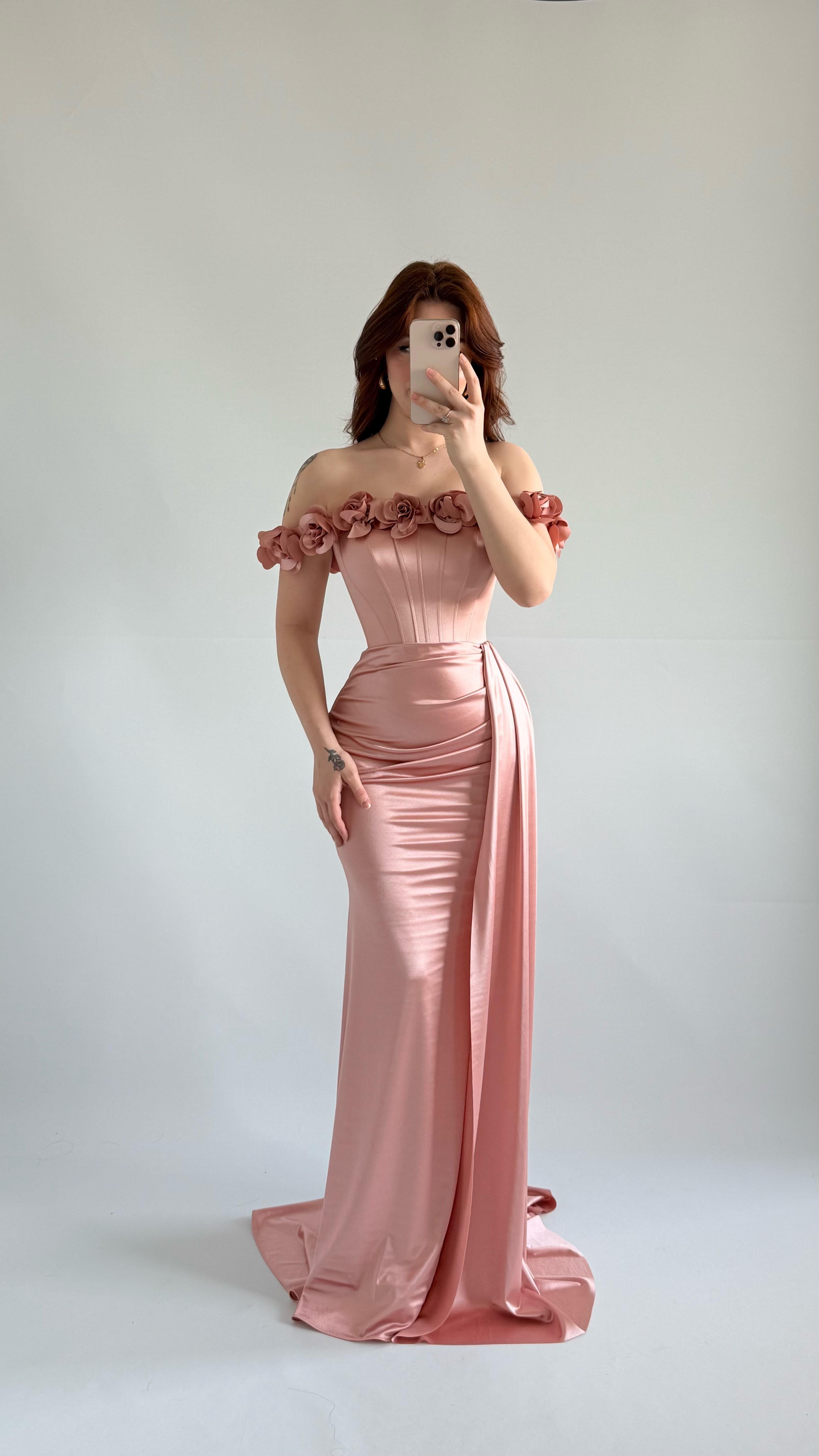 Roseline Çiçekli Abiye Pudra Pembesi