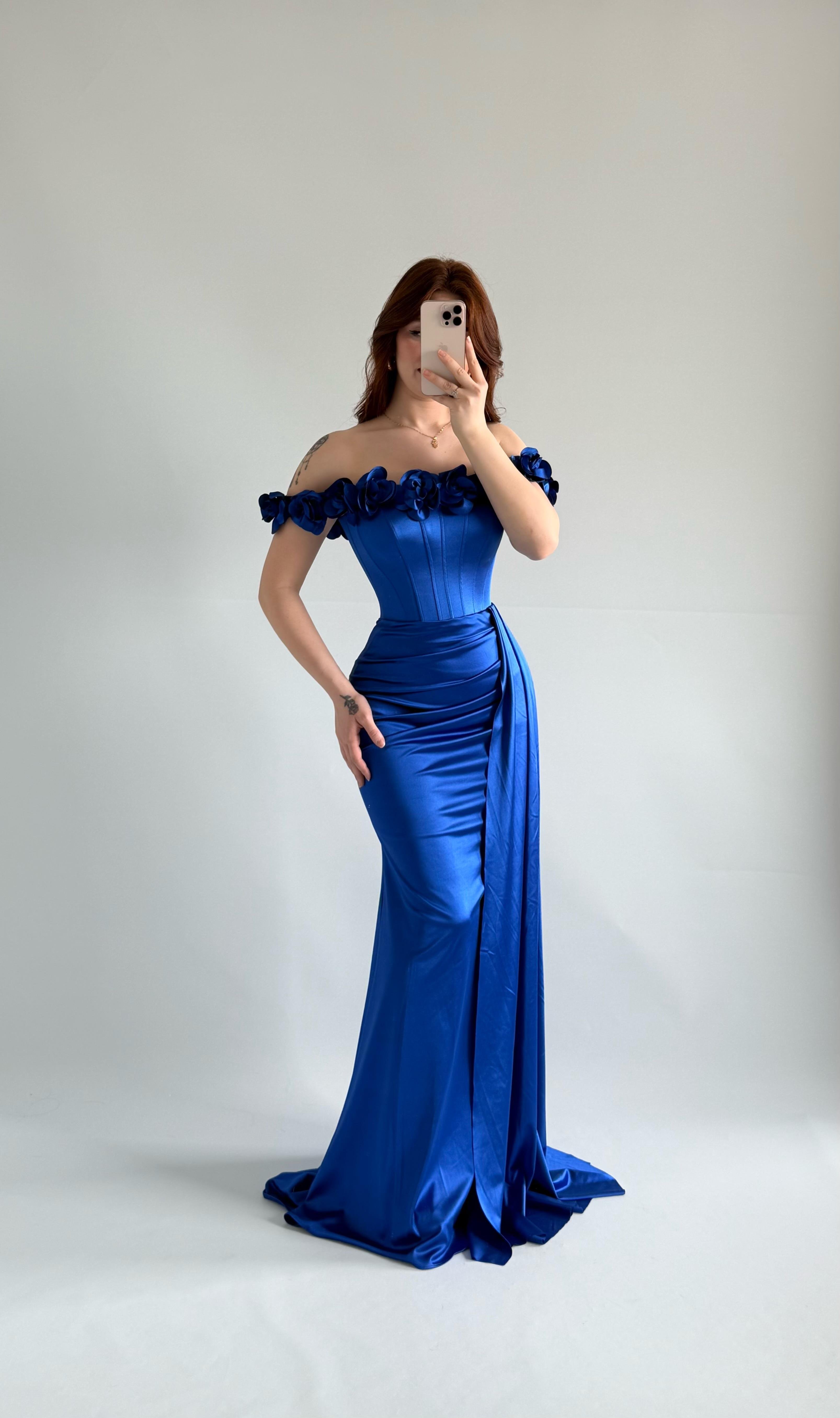 Roseline Çiçekli Abiye Saks Mavisi 