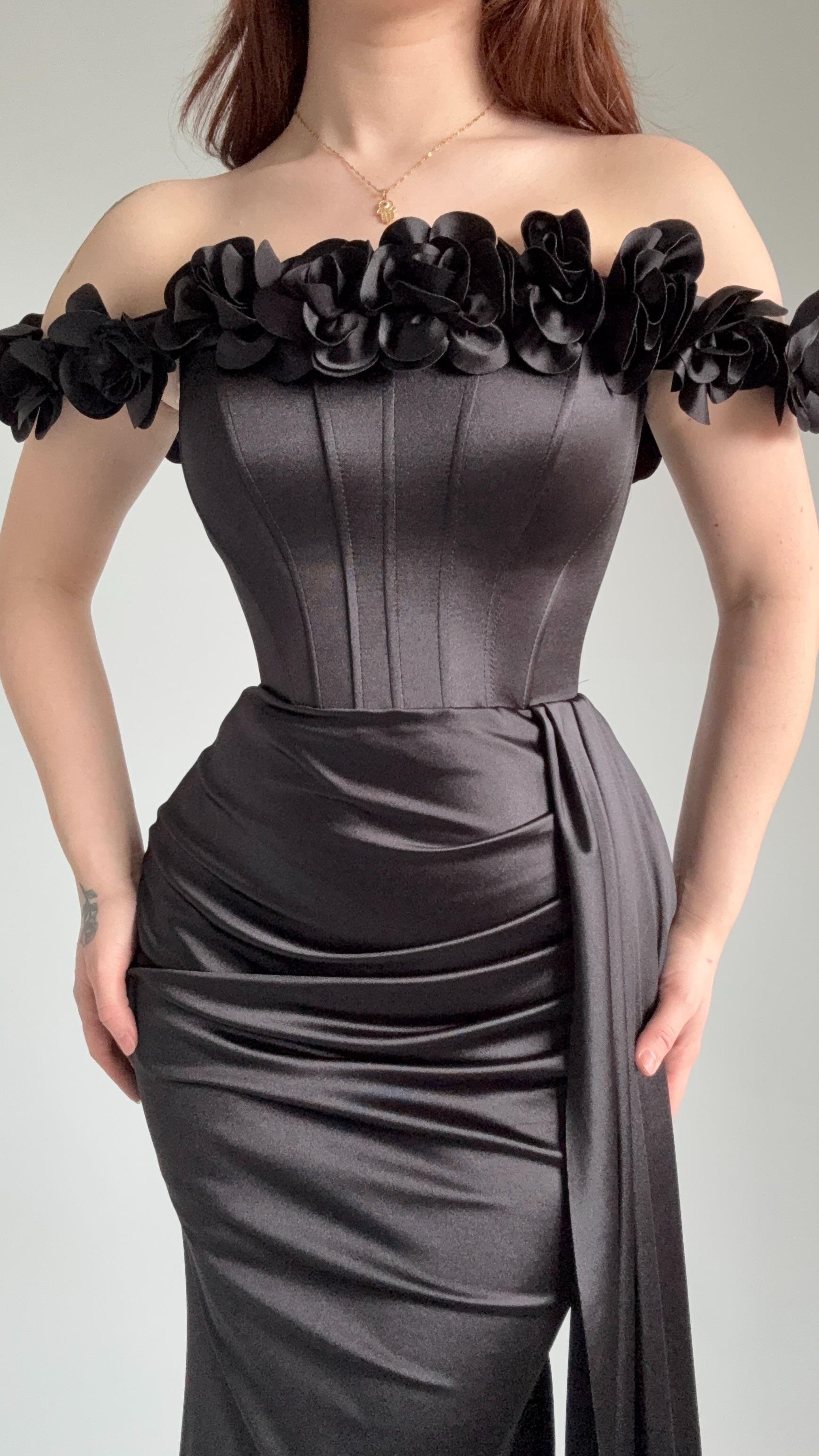 Roseline Çiçekli Abiye Siyah