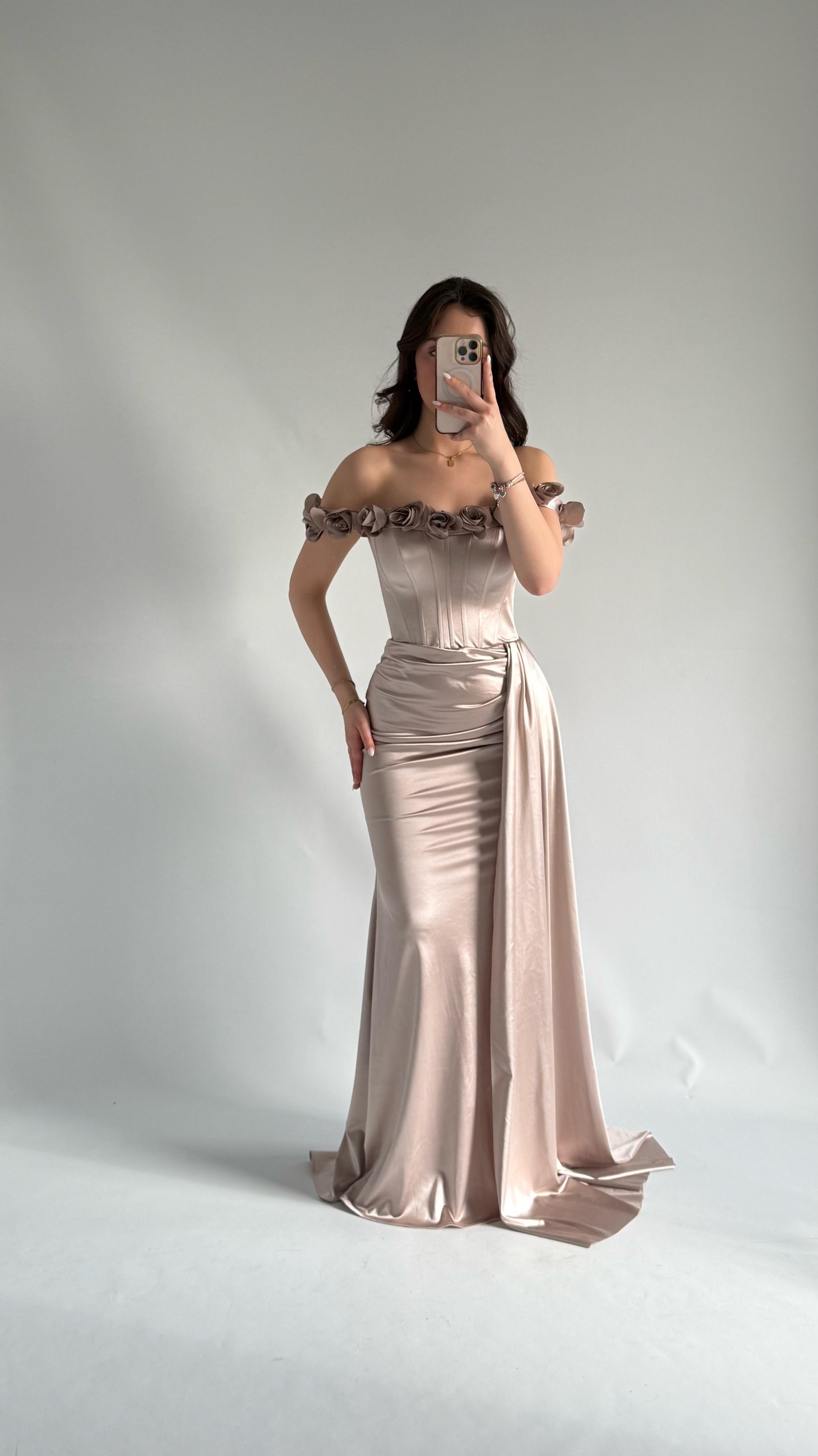 Roseline Çiçekli Abiye Vizon 