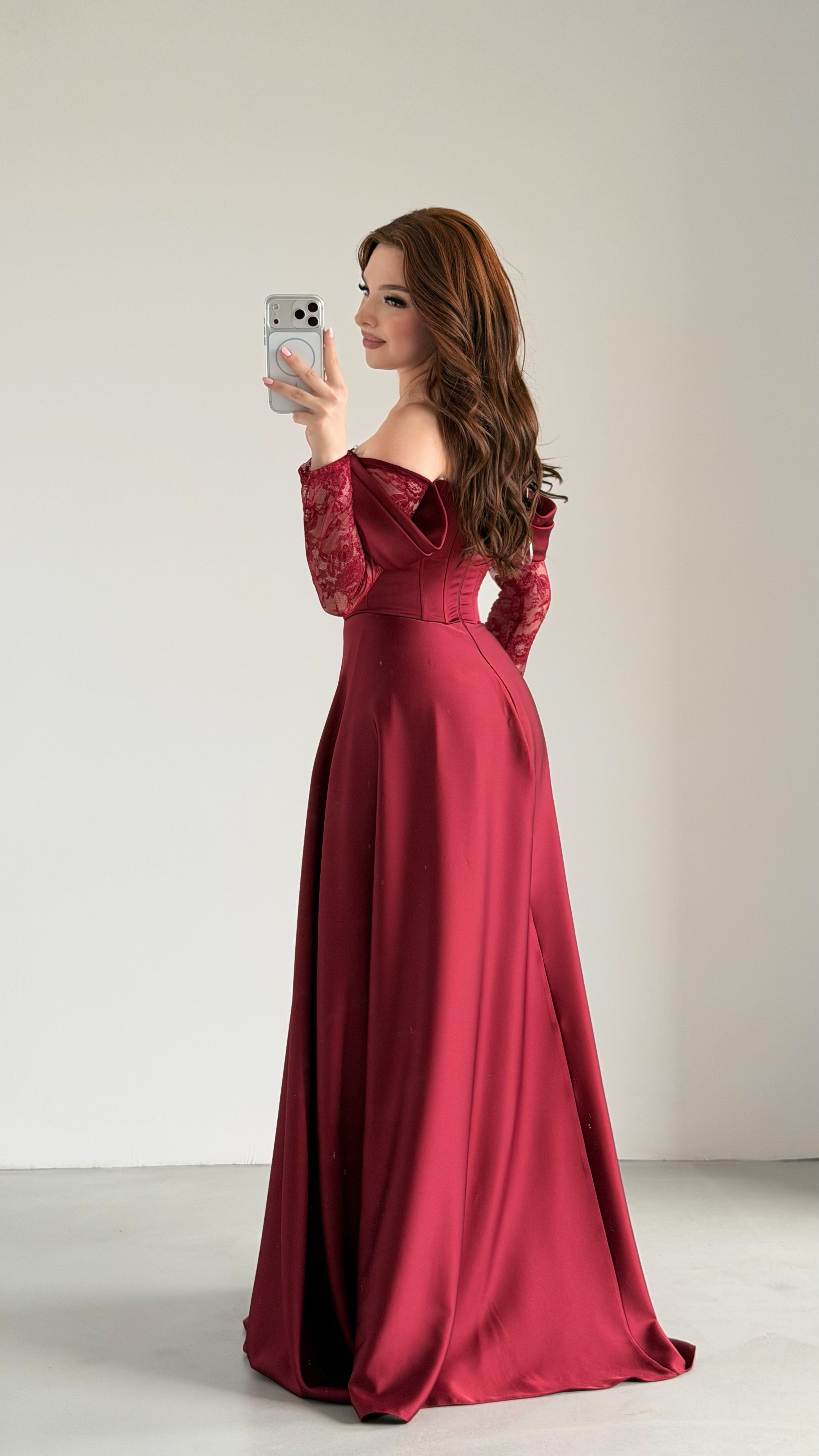 Royal Dantel Detaylı Bordo Abiye 