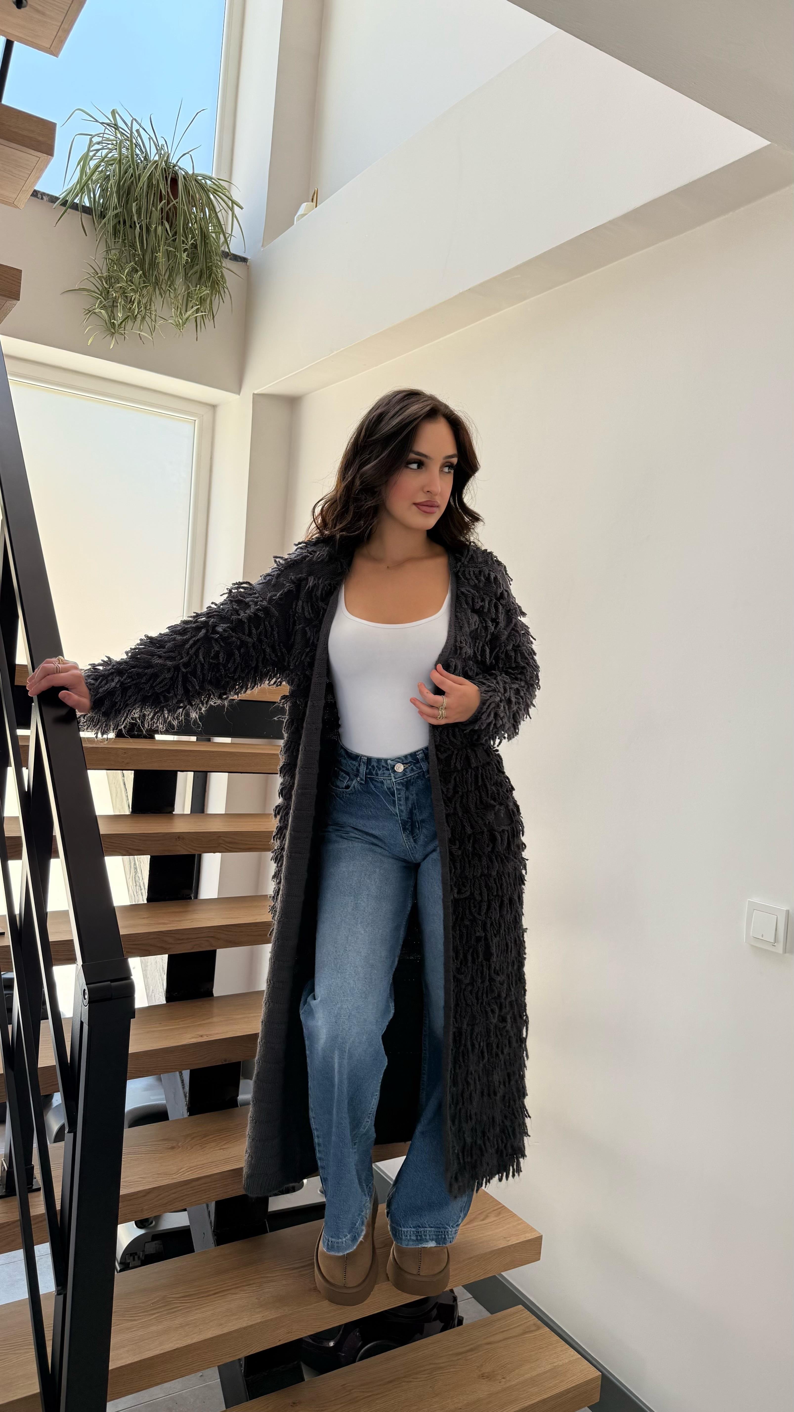 Saçaklı Maxi Hırka Füme