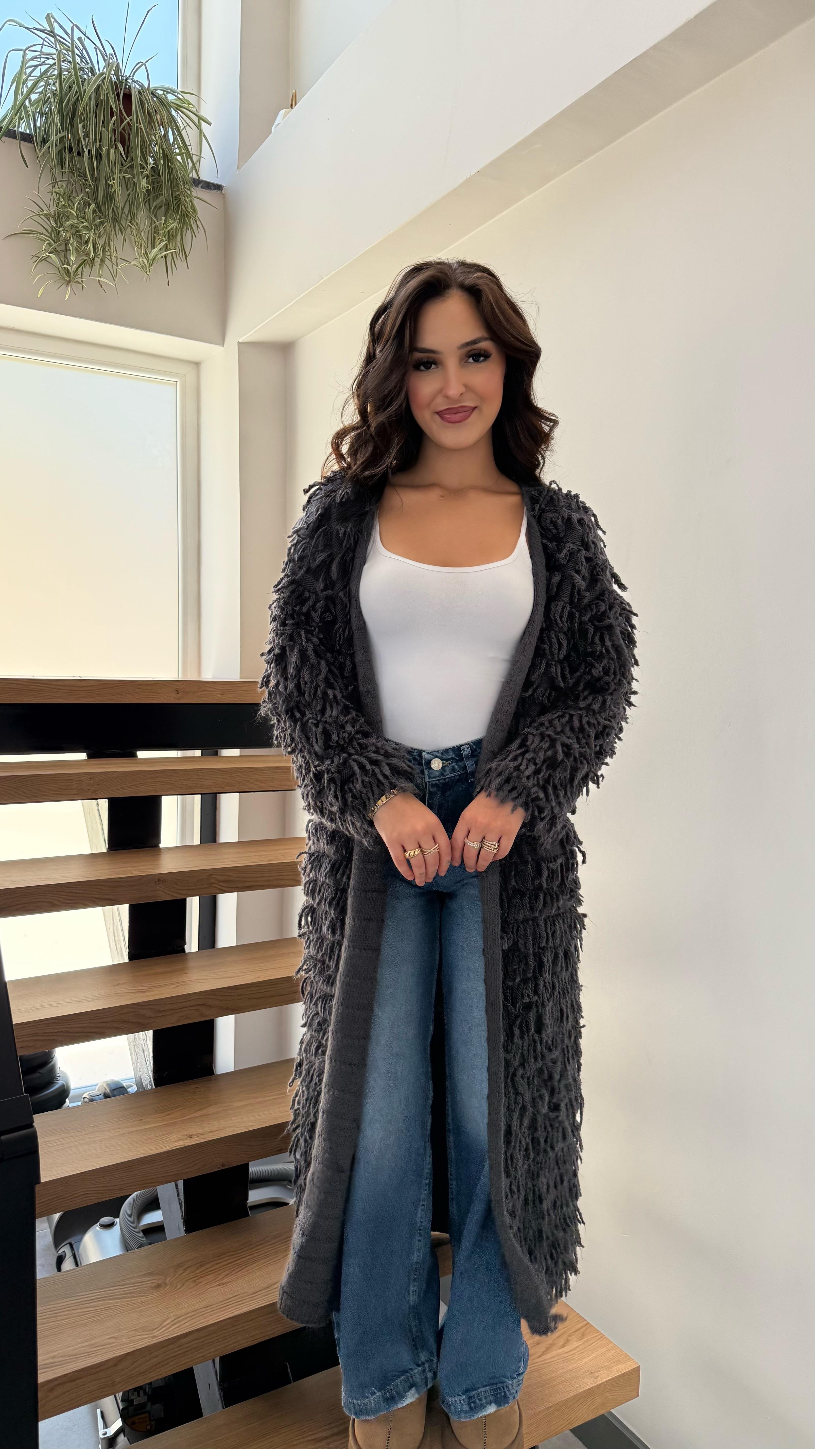 Saçaklı Maxi Hırka Füme