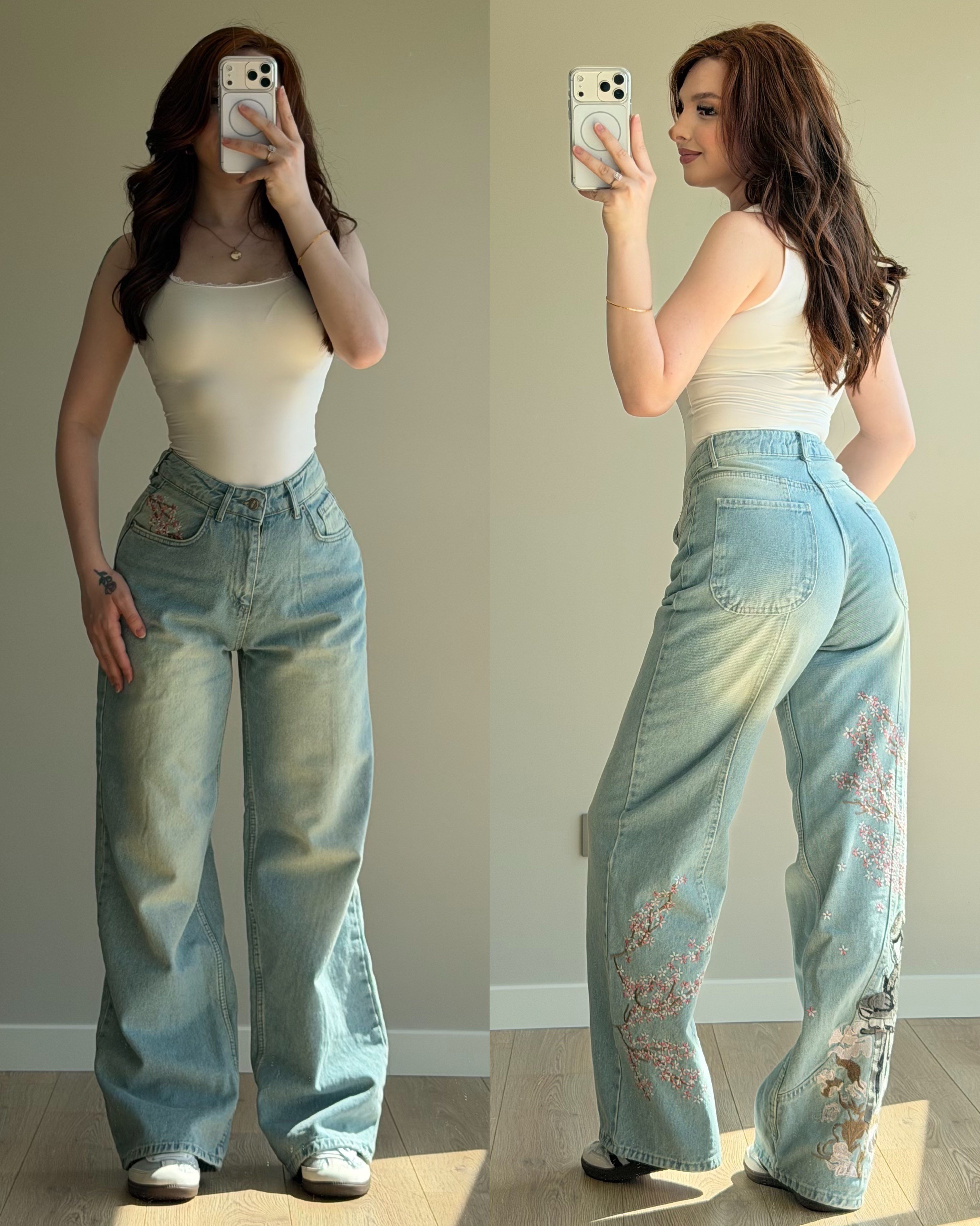 Sakura Nakış Mavi Pantolon