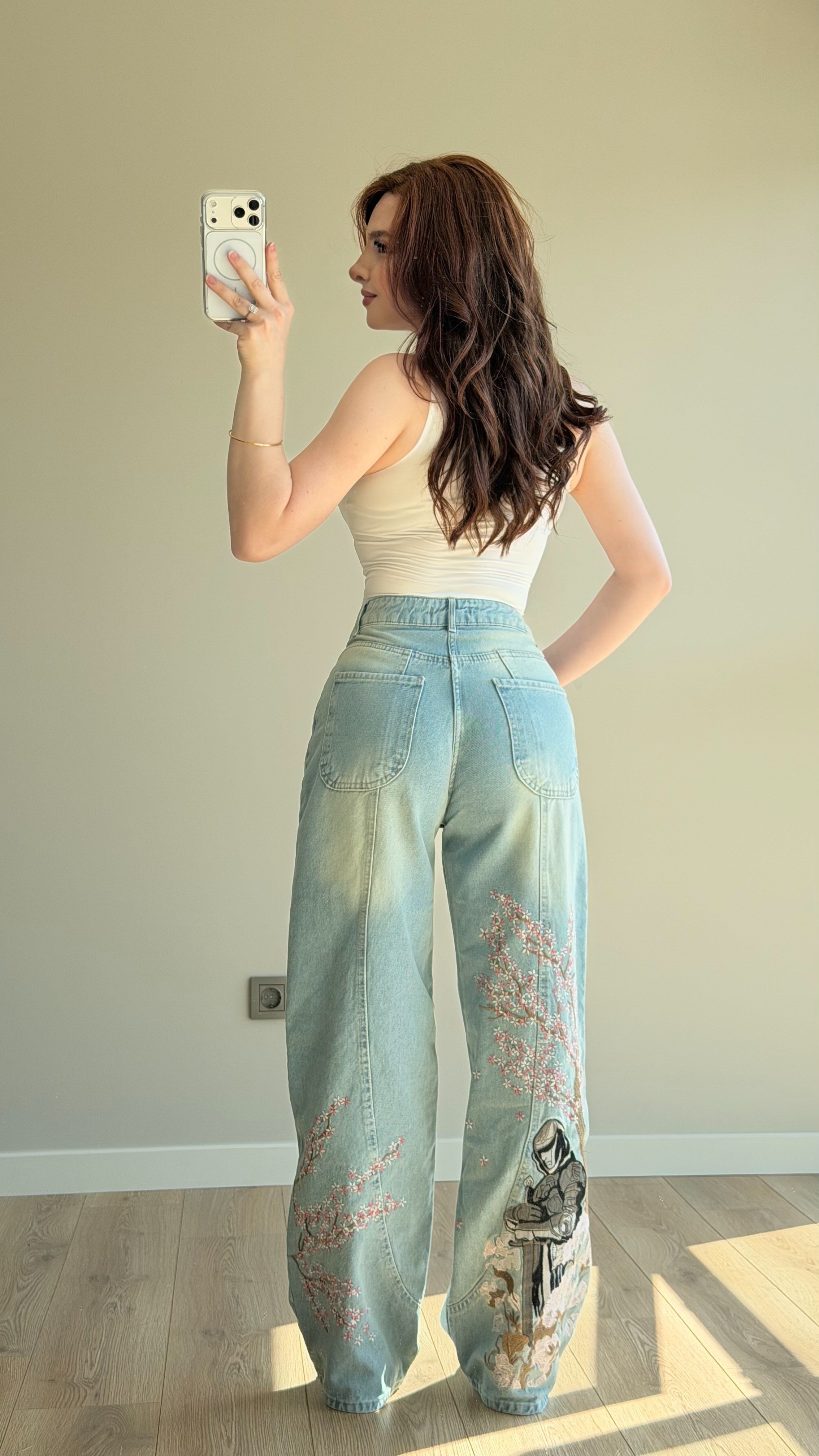 Sakura Nakış Mavi Pantolon
