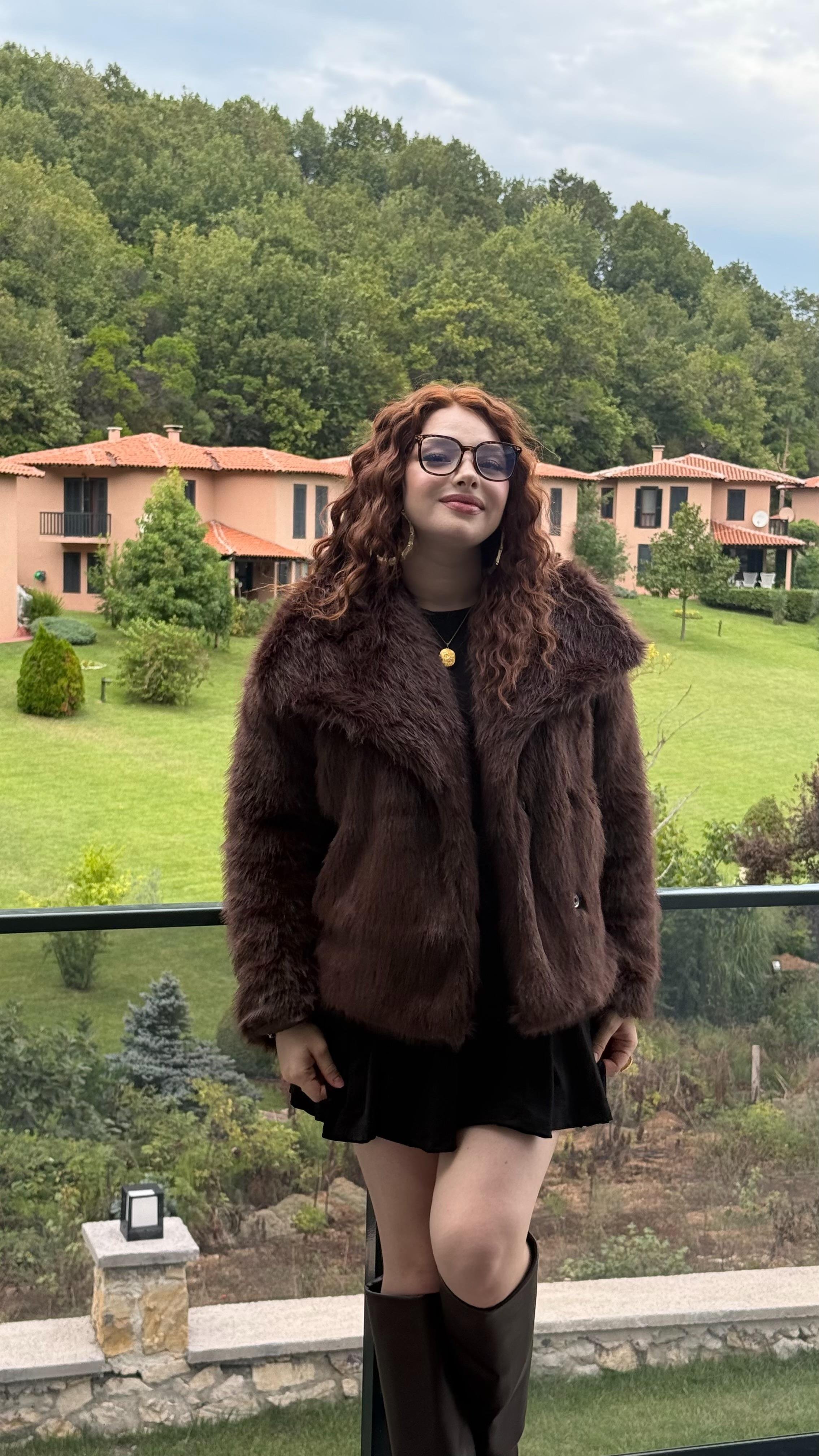 Şal Yaka Oversize Kürk Acı Kahverengi