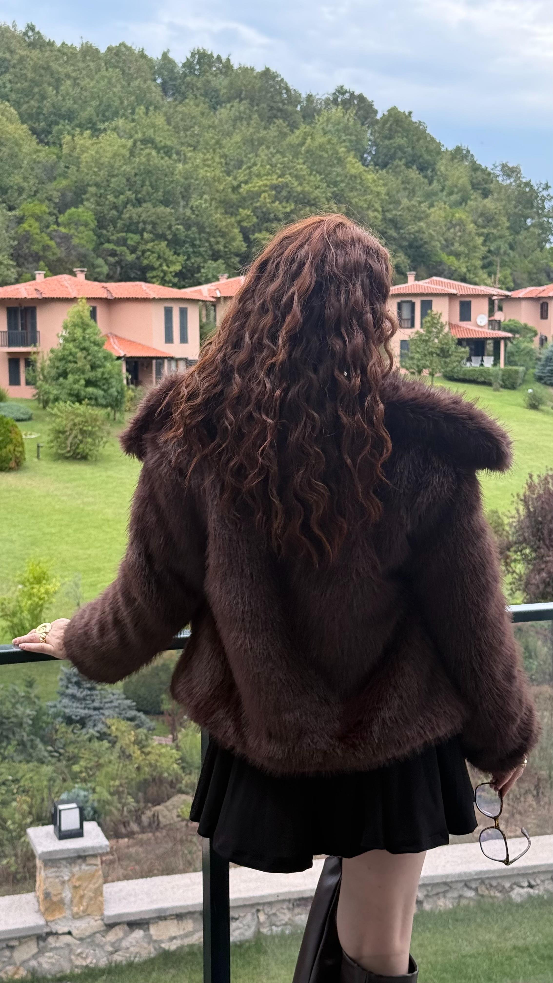 Şal Yaka Oversize Kürk Acı Kahverengi