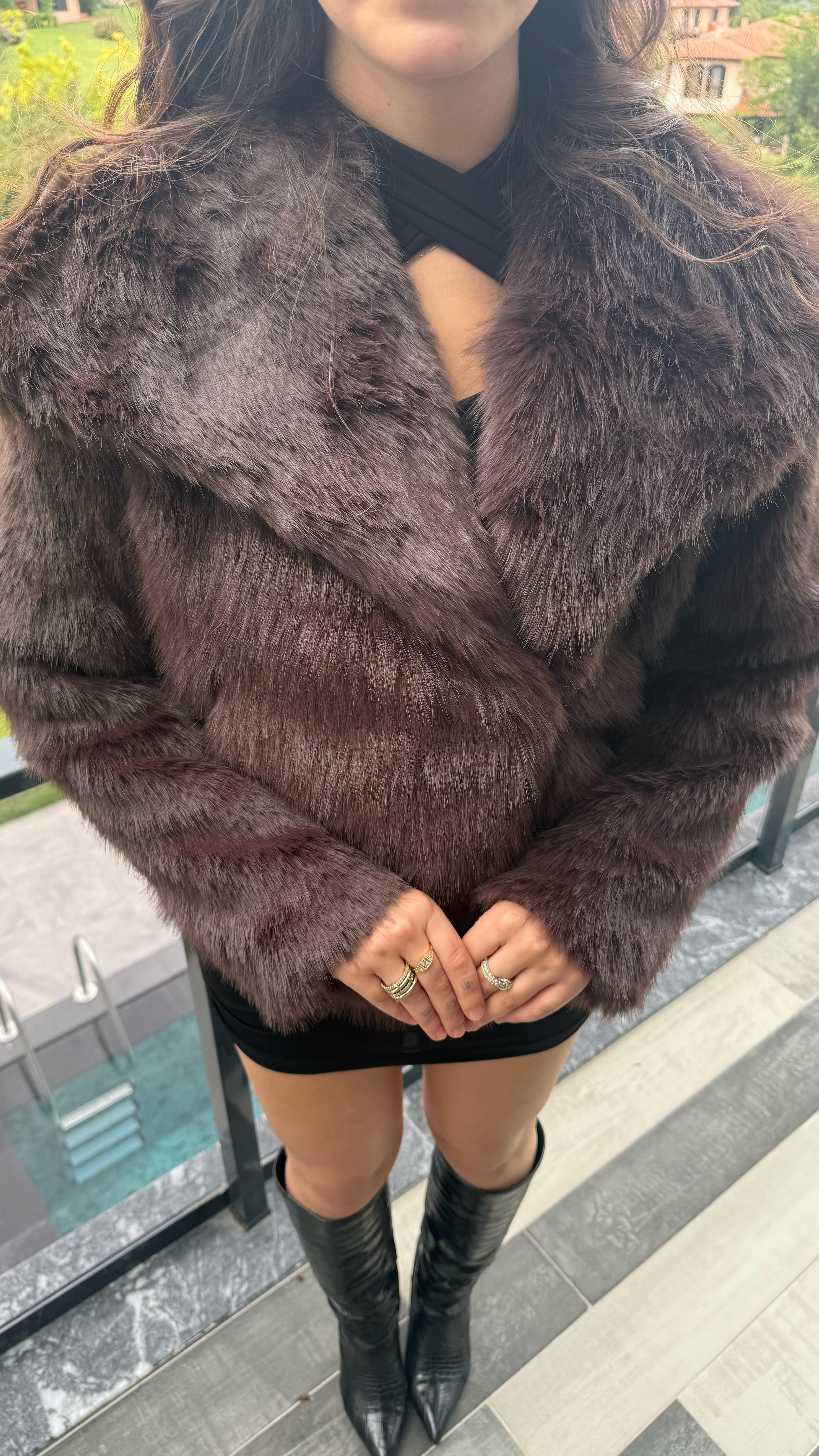 Şal Yaka Oversize Kürk Acı Kahverengi