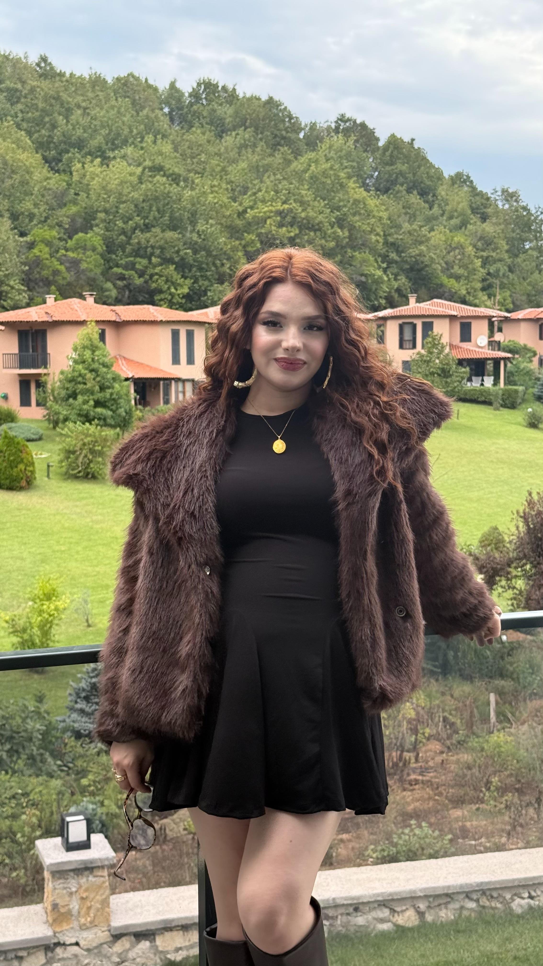 Şal Yaka Oversize Kürk Acı Kahverengi