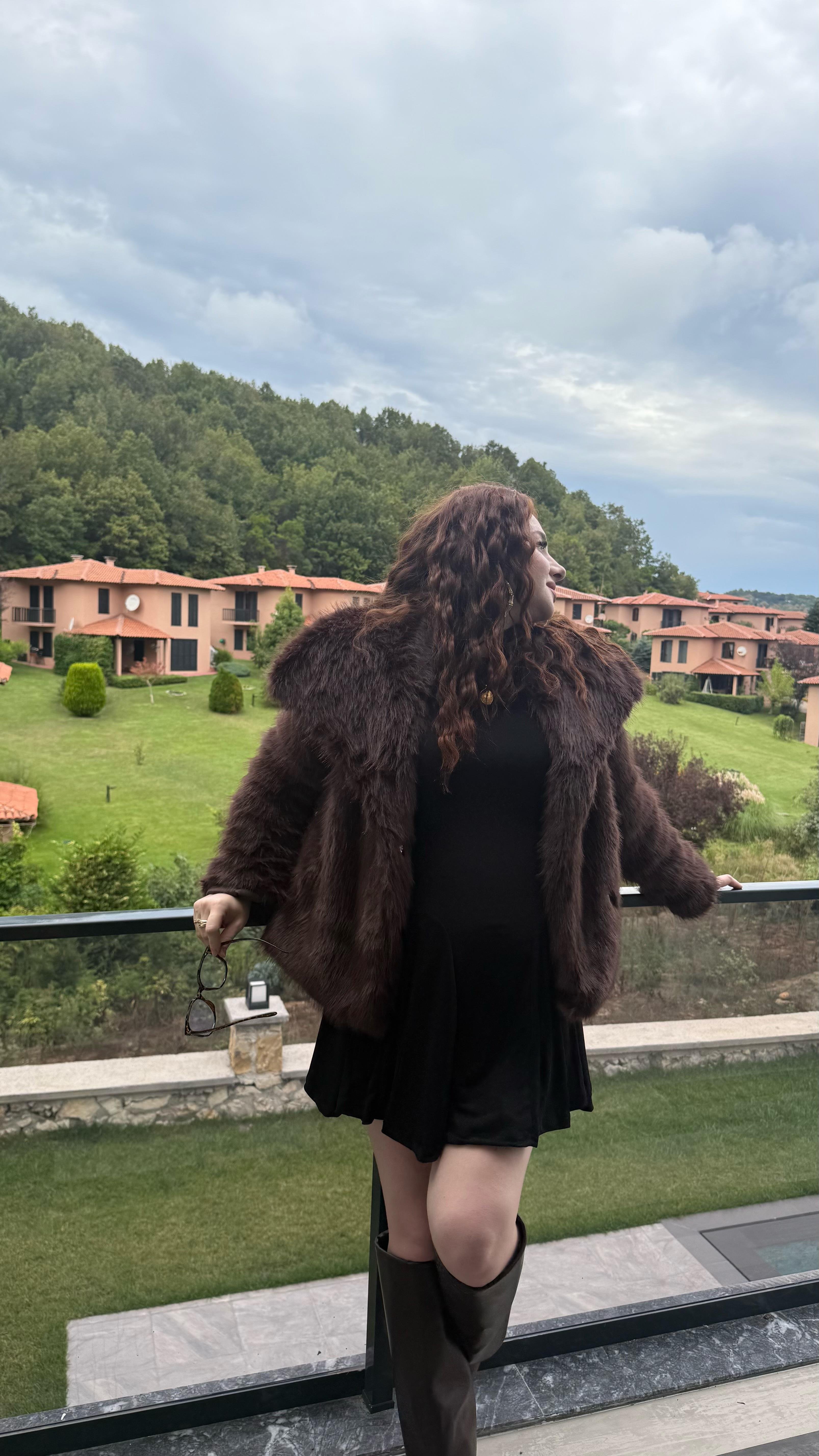 Şal Yaka Oversize Kürk Acı Kahverengi