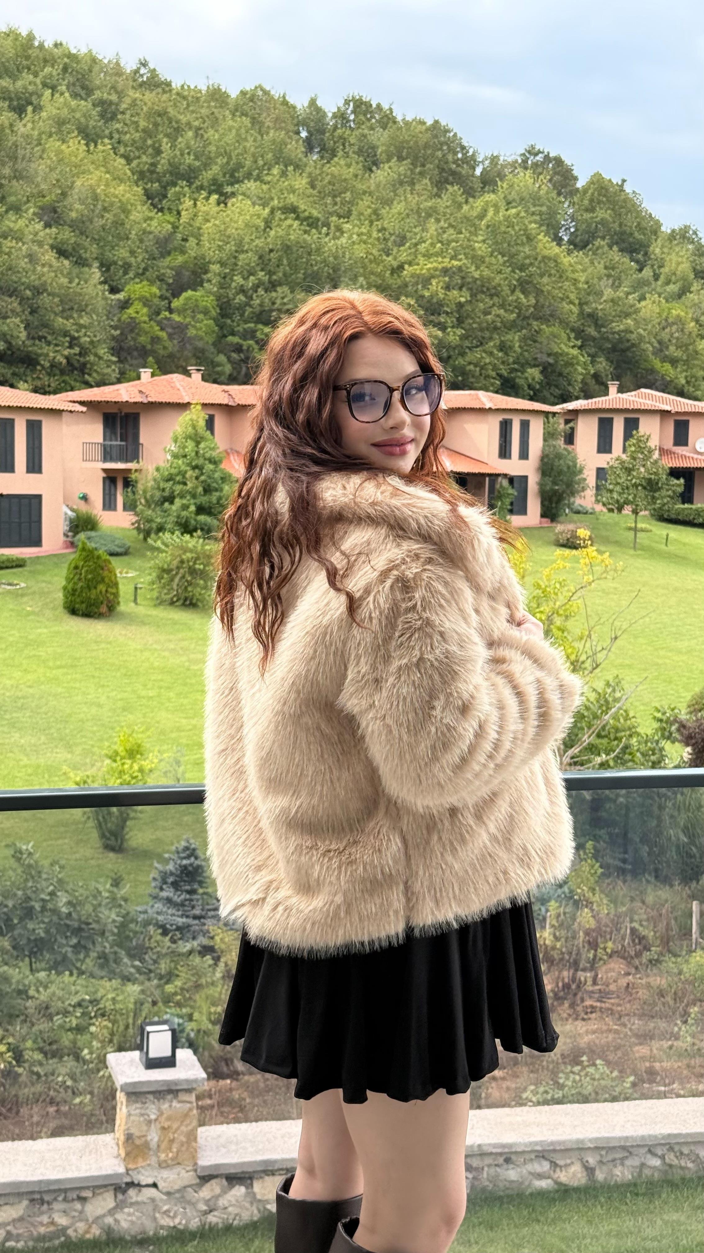 Şal Yaka Oversize Kürk Bej