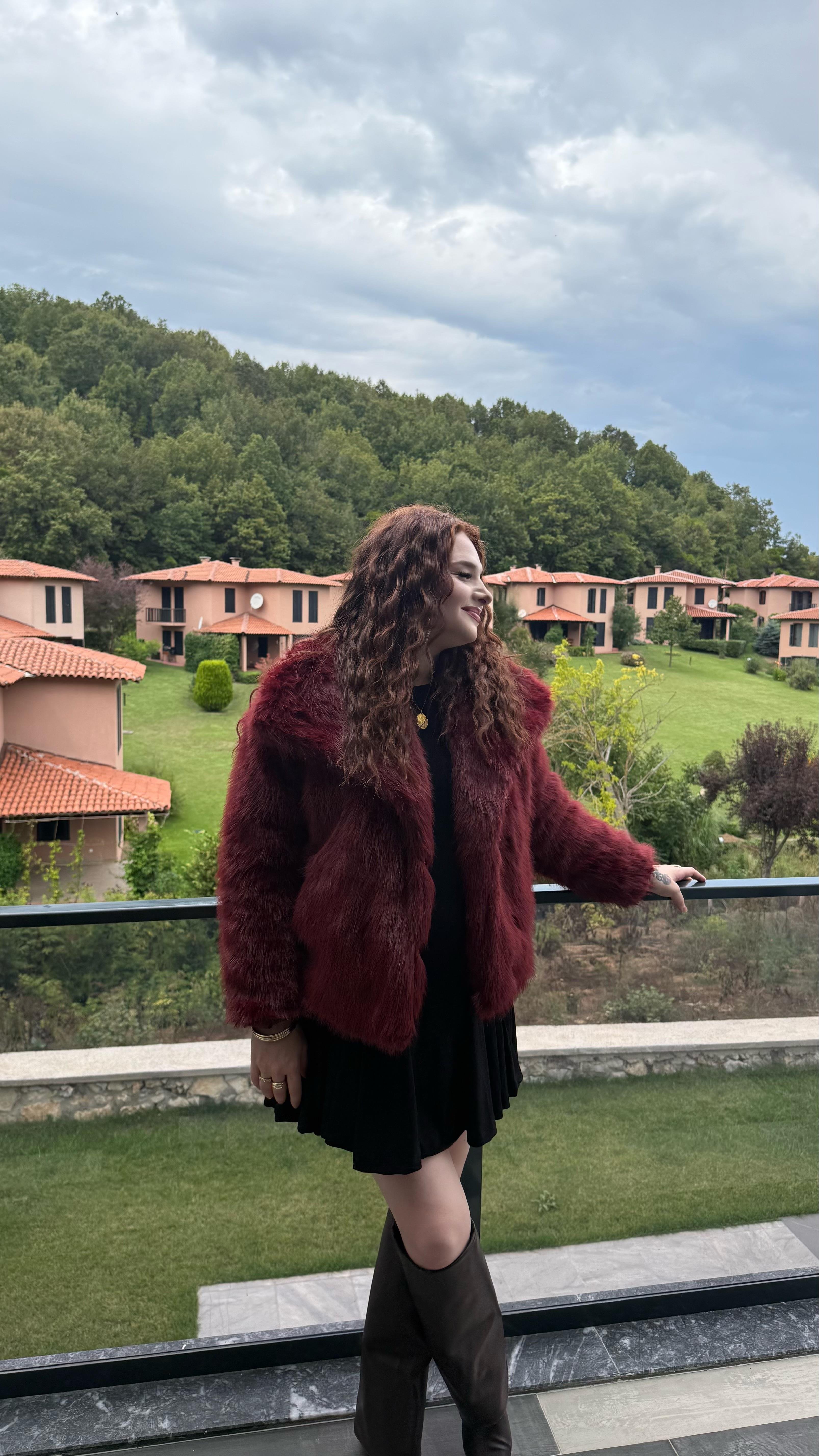 Şal Yaka Oversize Kürk Bordo
