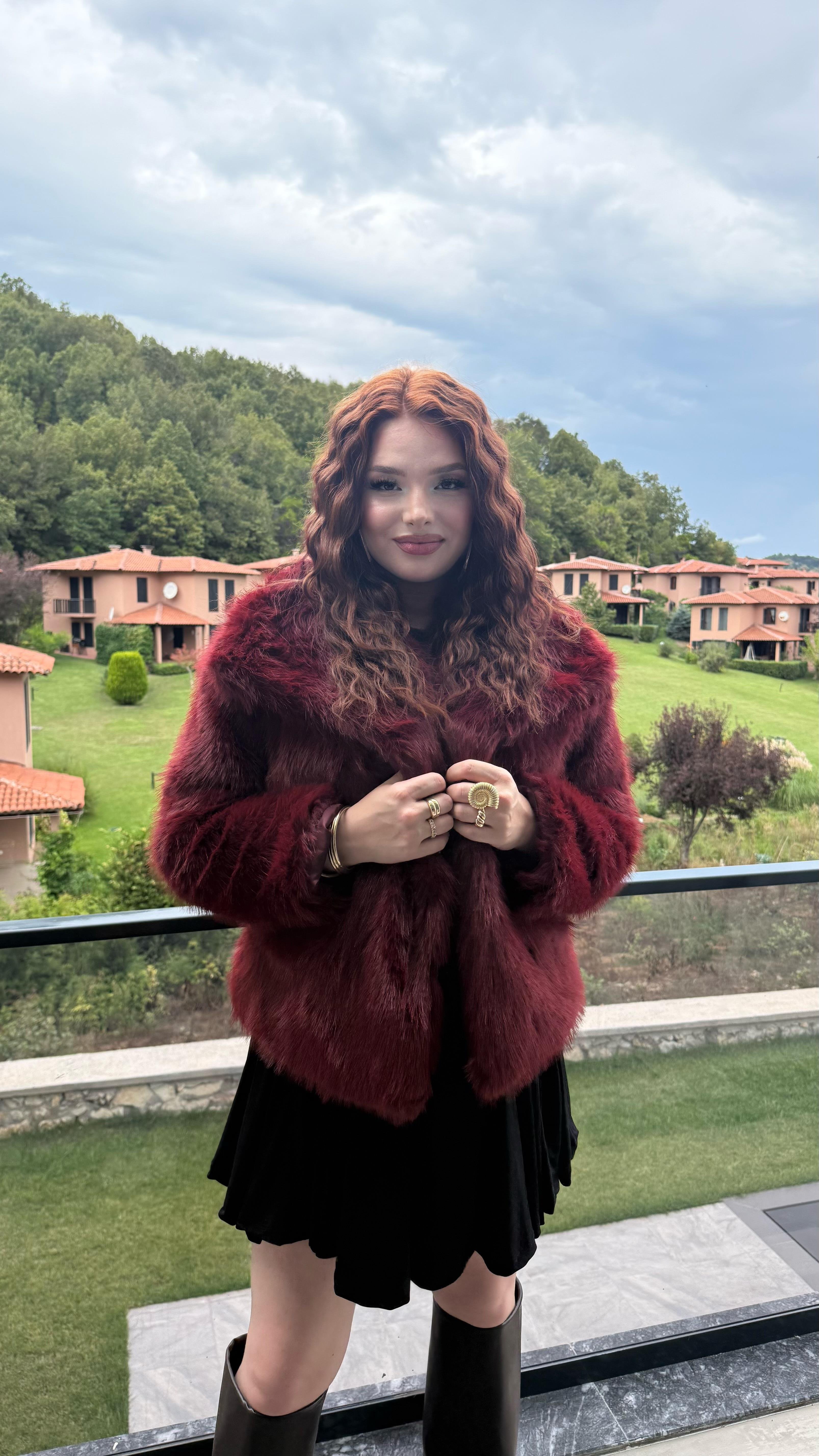 Şal Yaka Oversize Kürk Bordo