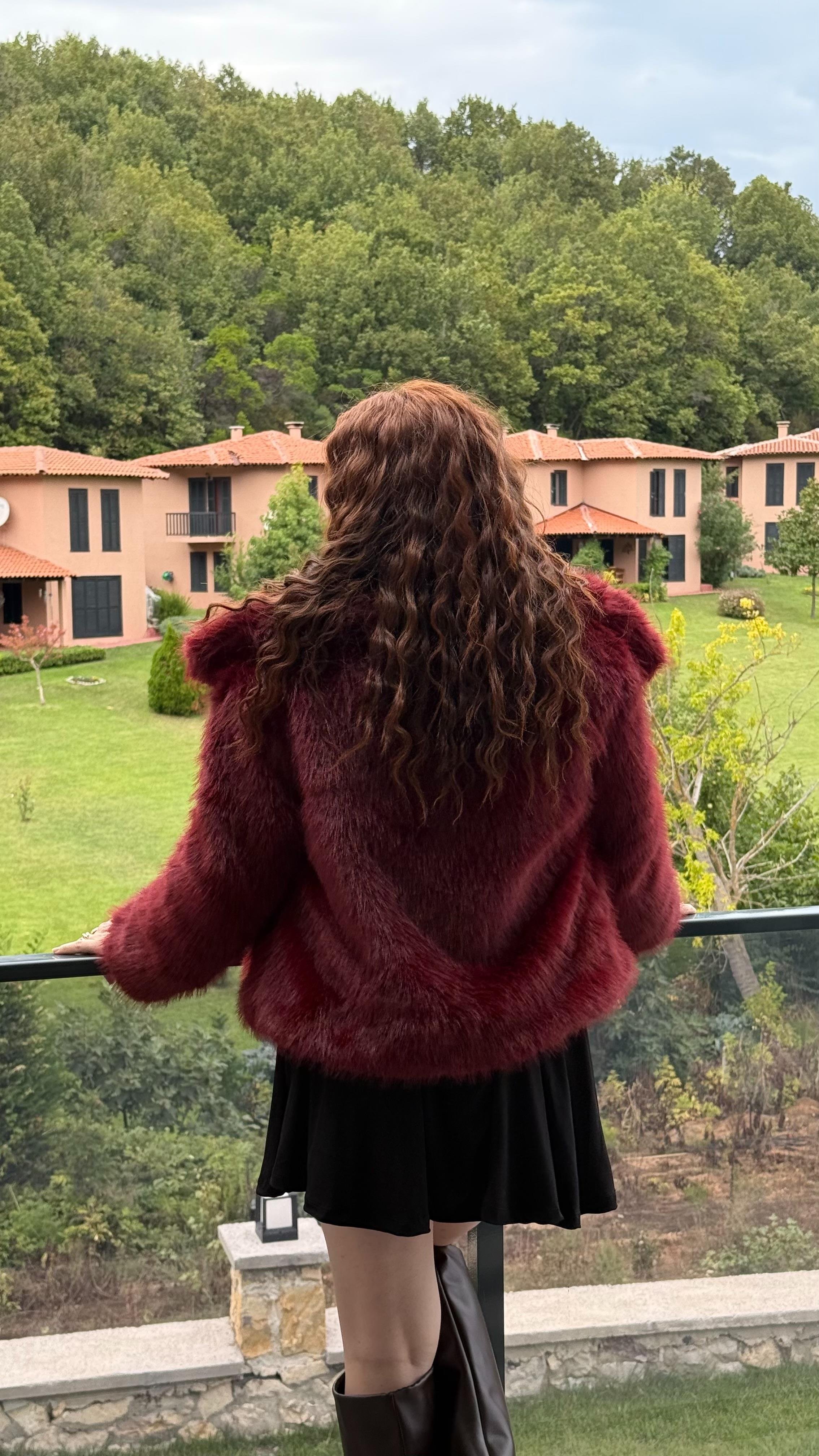 Şal Yaka Oversize Kürk Bordo