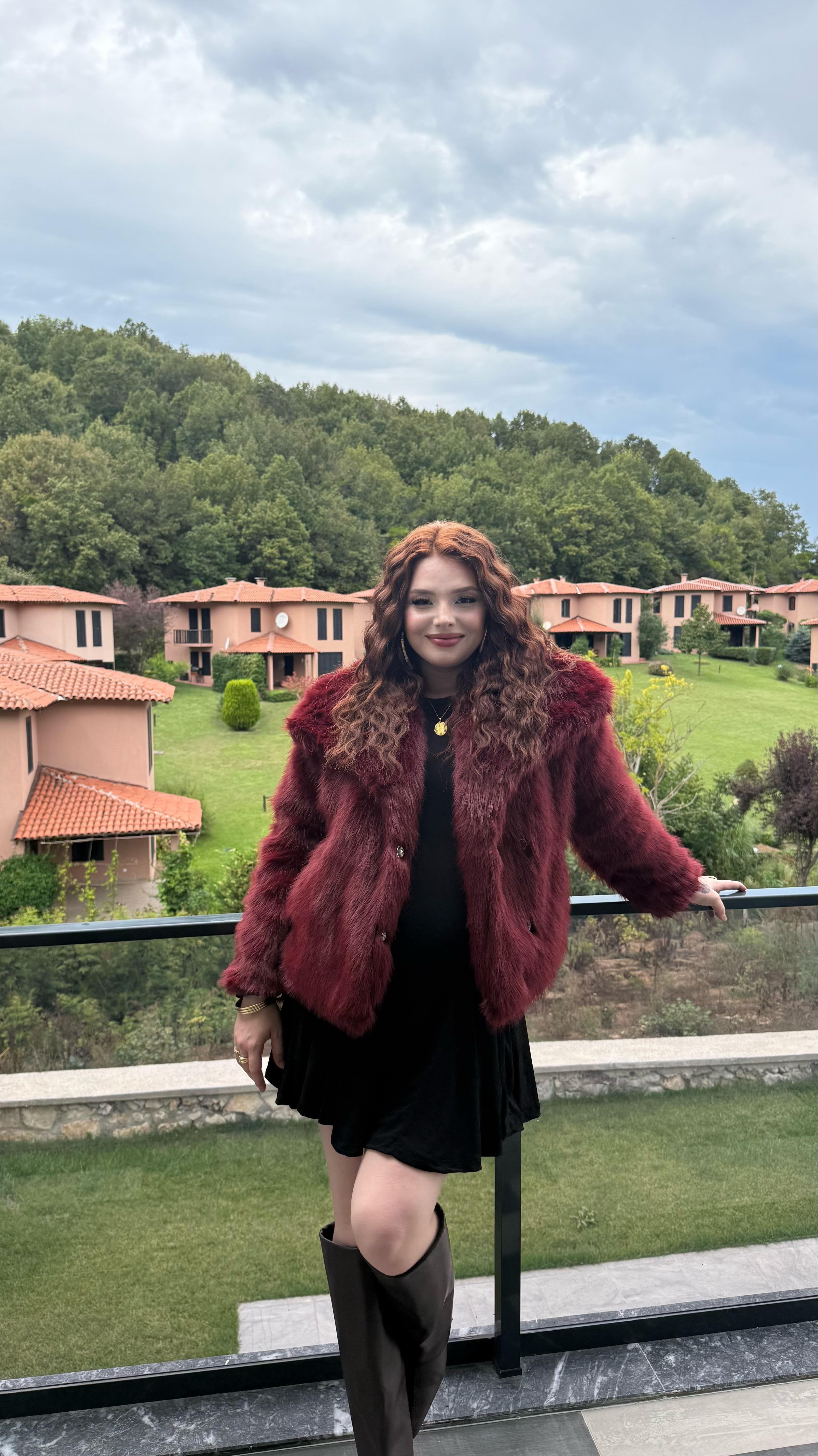 Şal Yaka Oversize Kürk Bordo