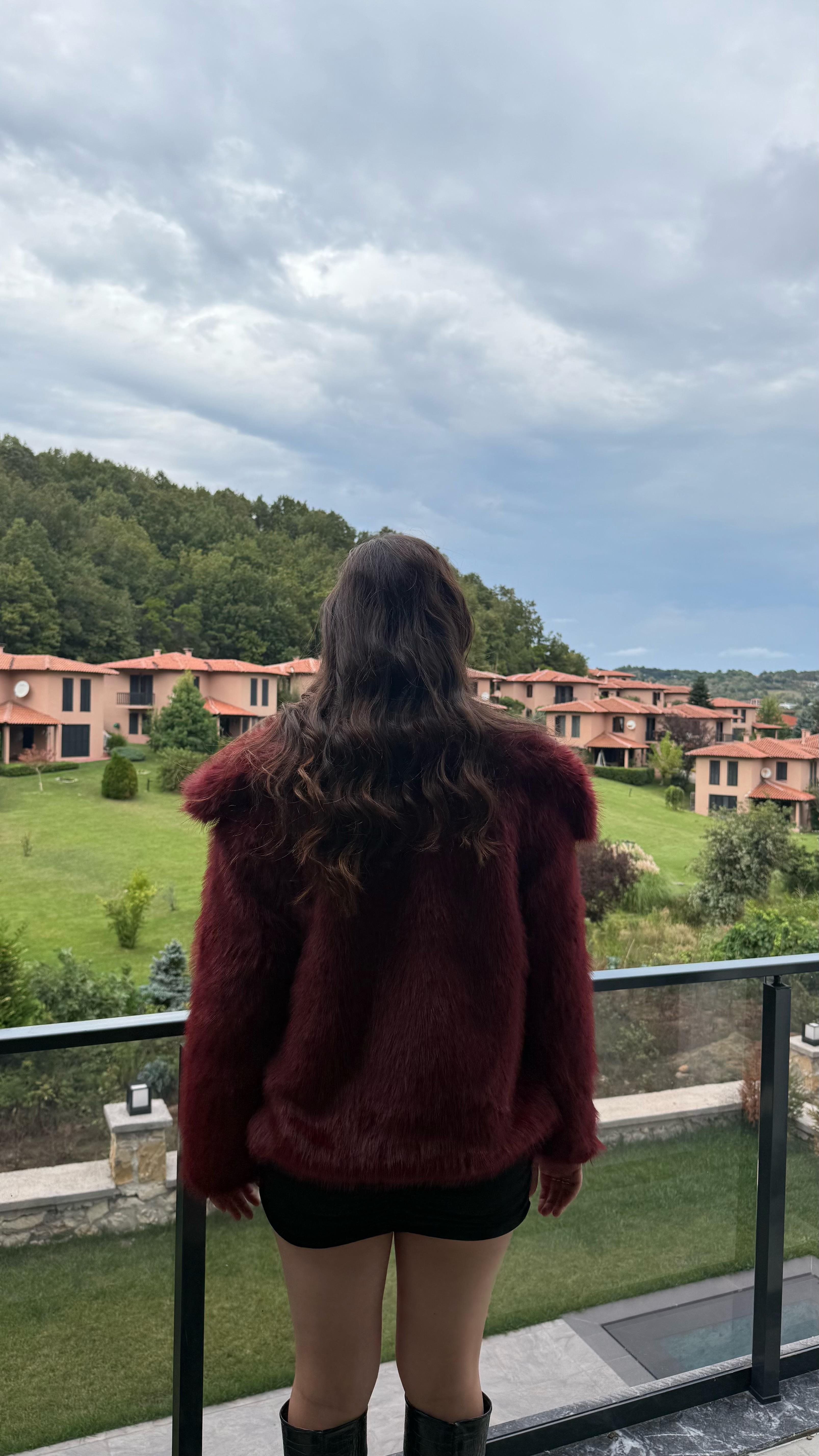 Şal Yaka Oversize Kürk Bordo