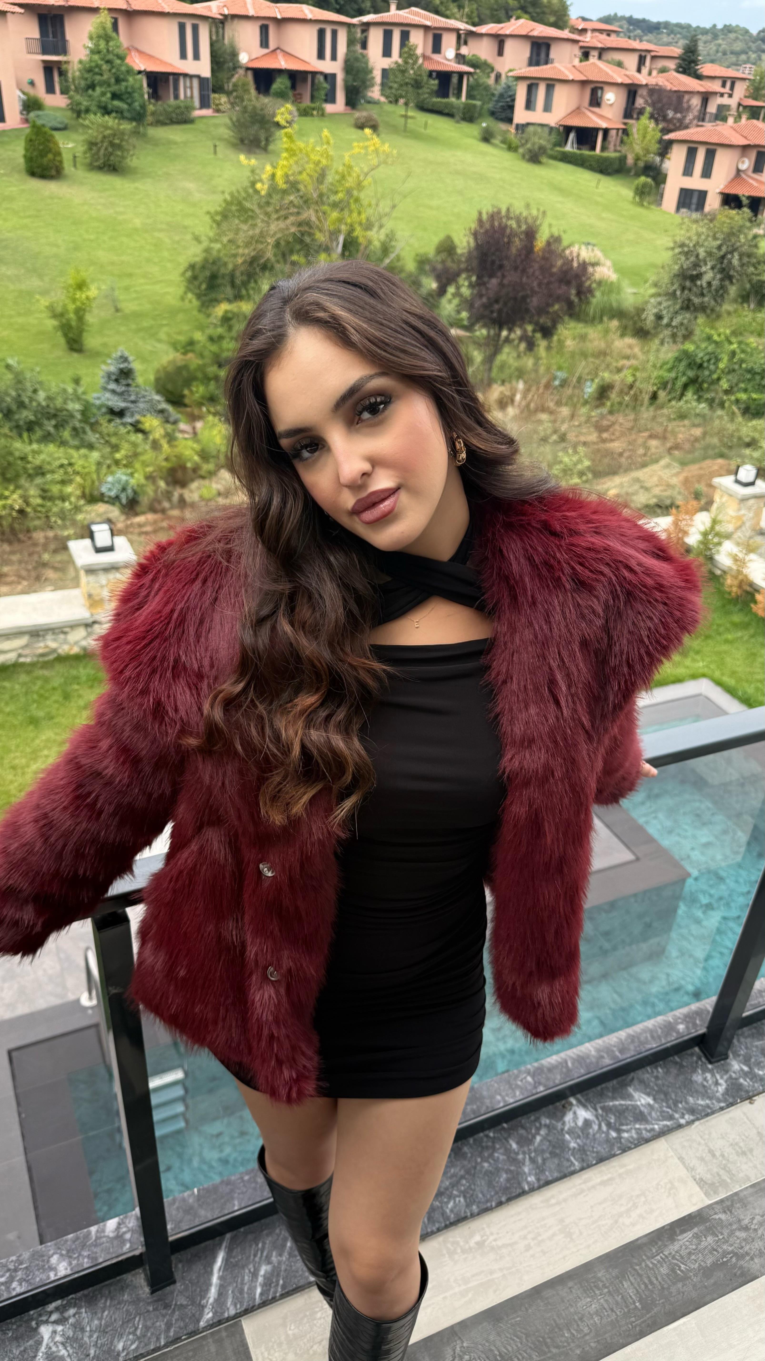 Şal Yaka Oversize Kürk Bordo