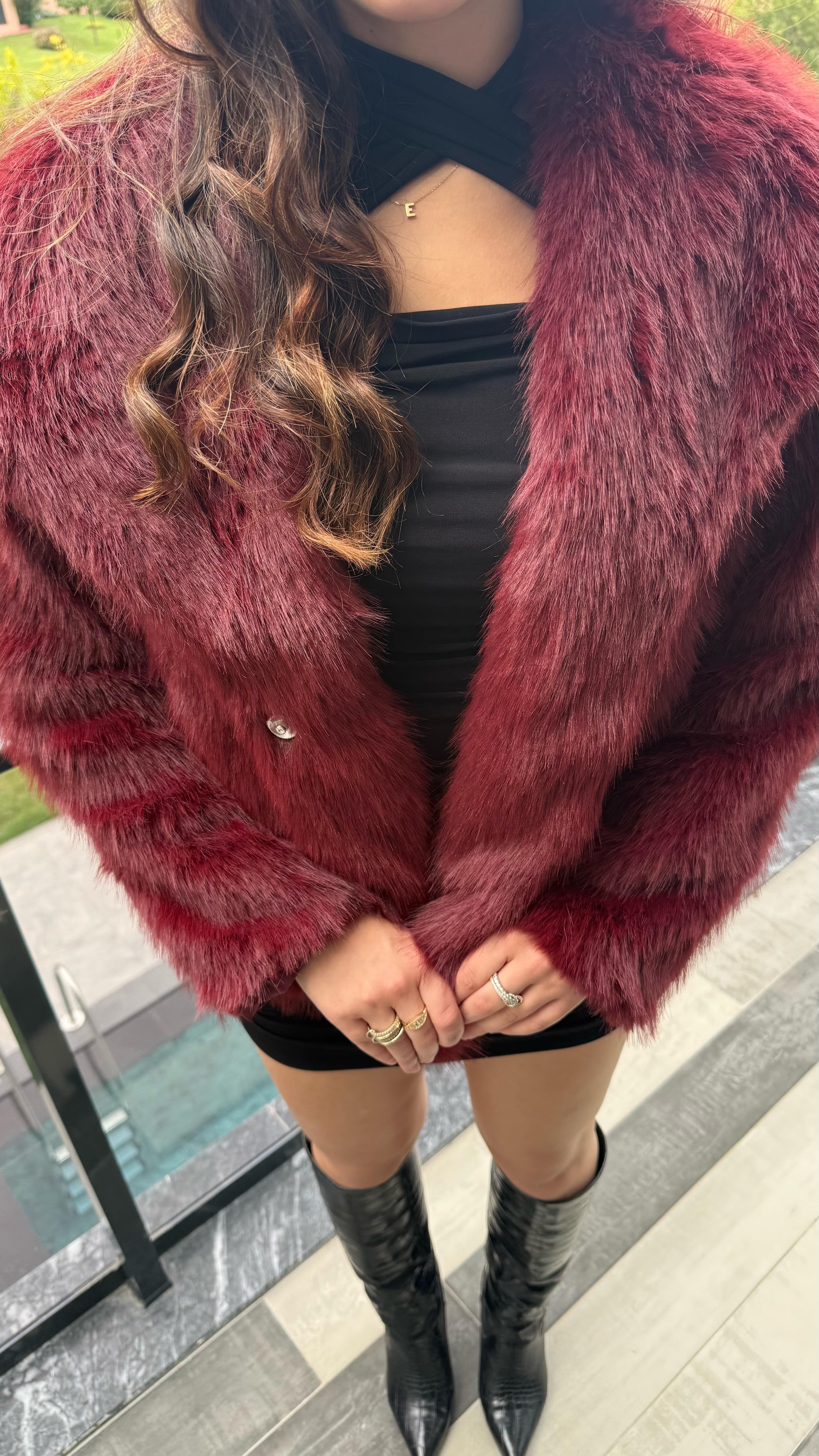 Şal Yaka Oversize Kürk Bordo