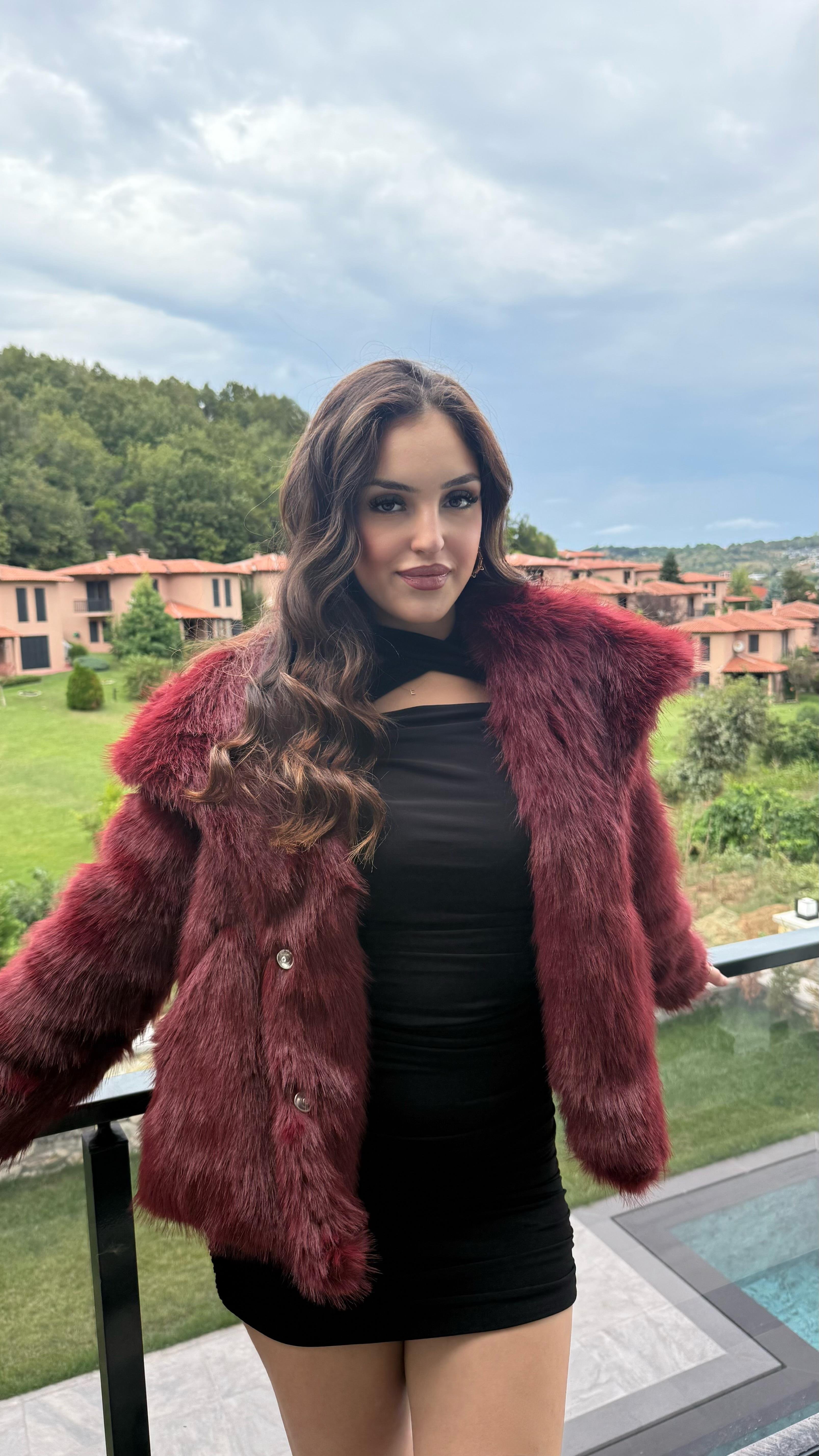 Şal Yaka Oversize Kürk Bordo
