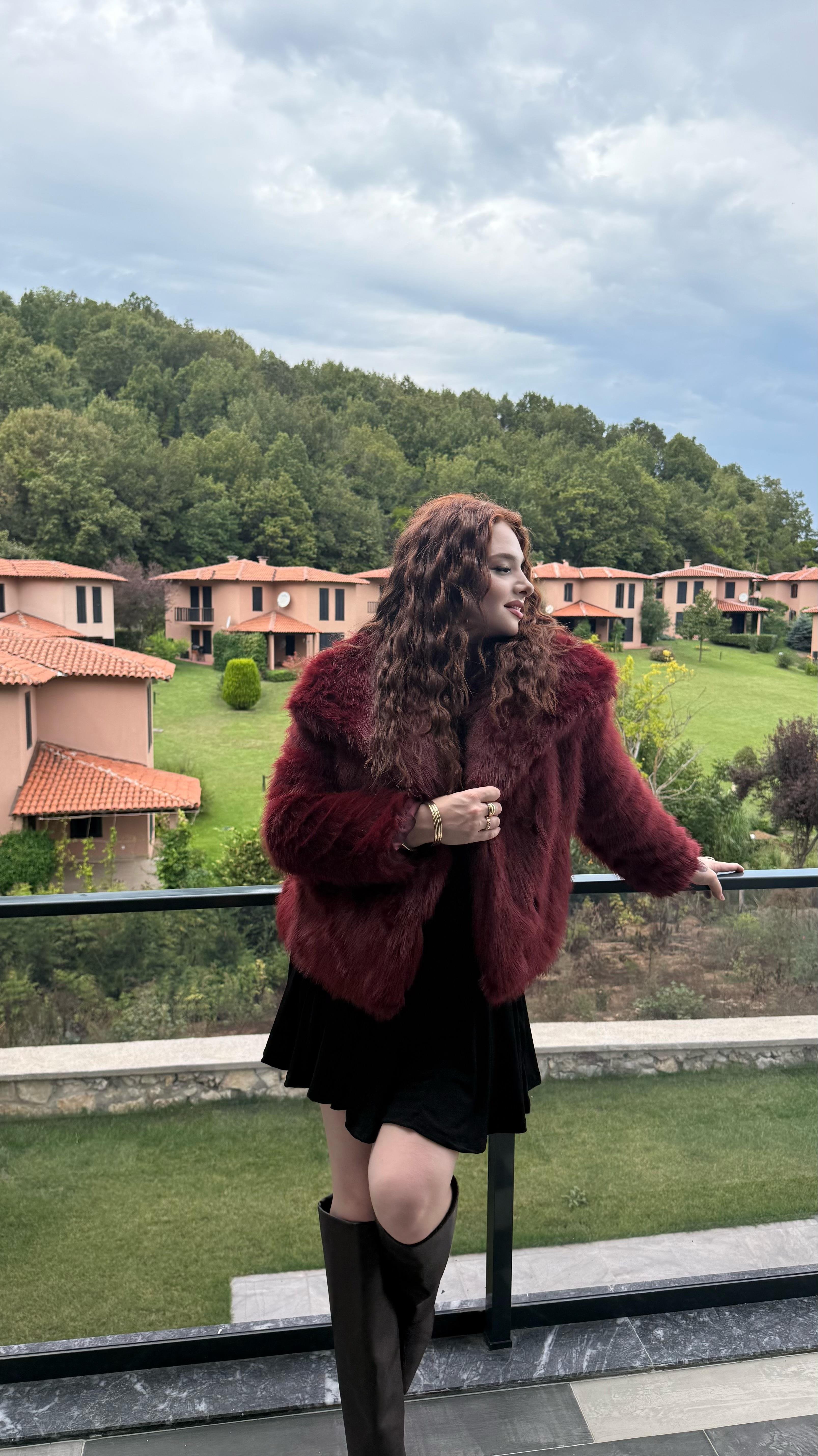 Şal Yaka Oversize Kürk Bordo