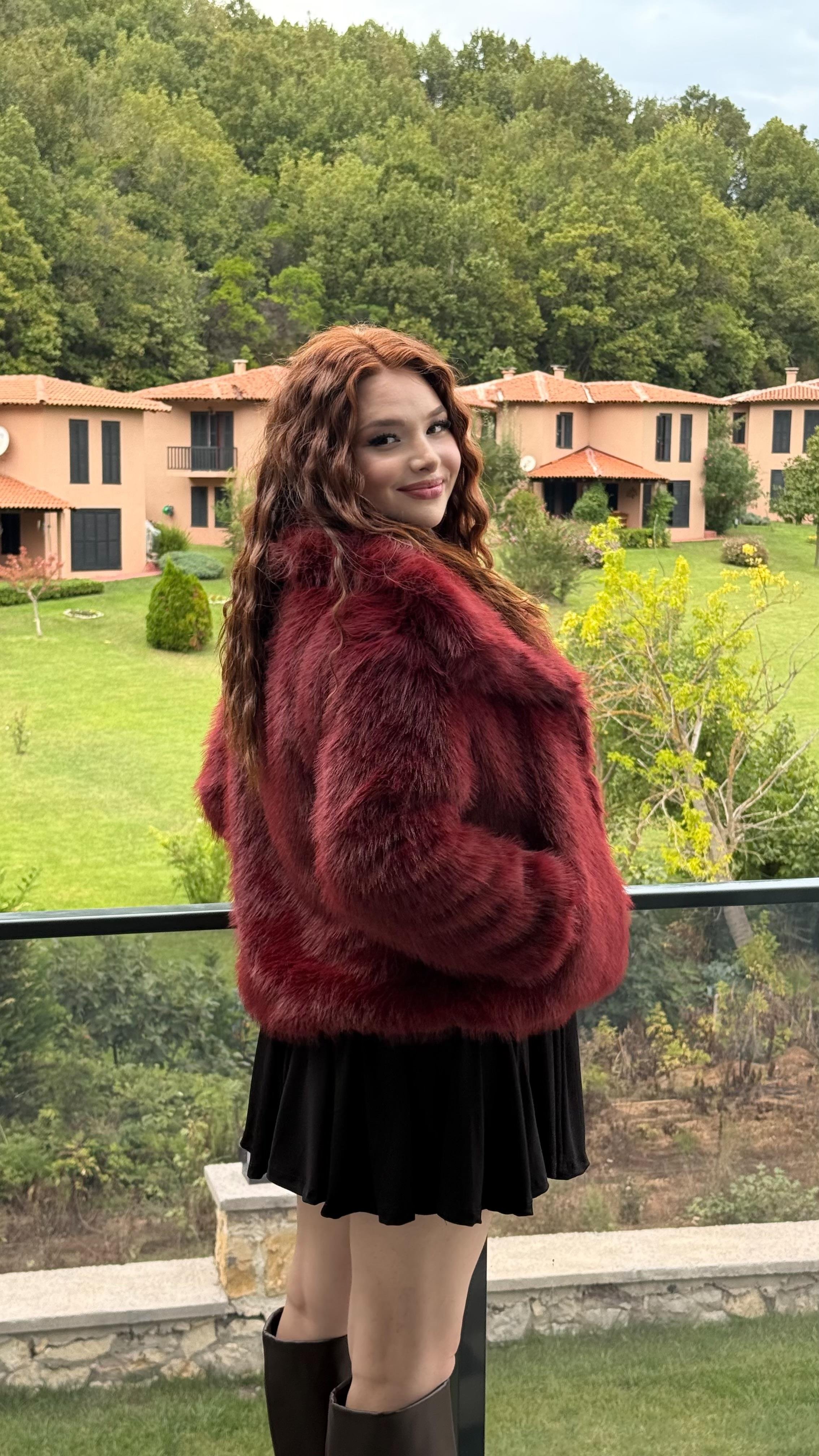 Şal Yaka Oversize Kürk Bordo