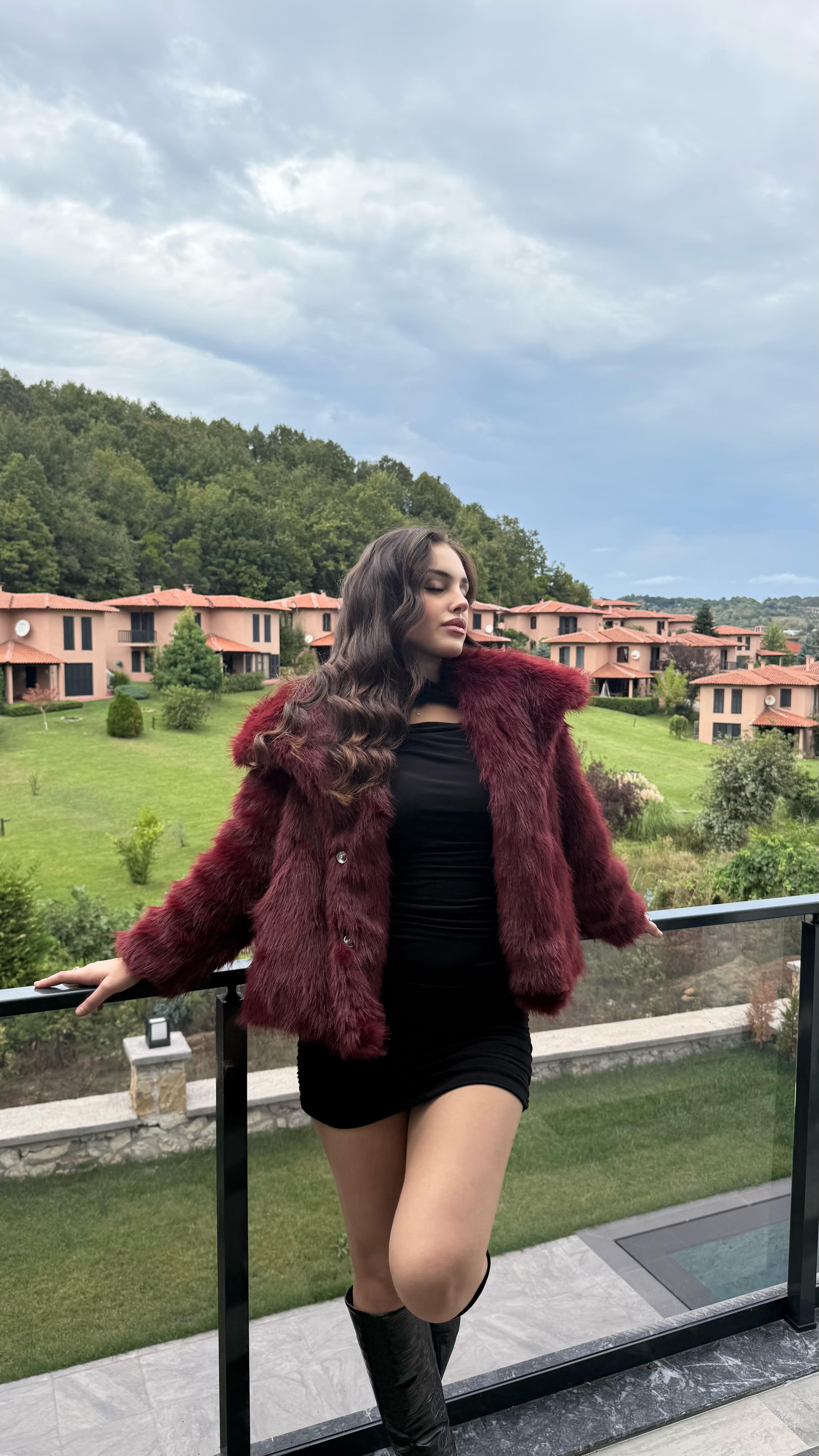 Şal Yaka Oversize Kürk Bordo