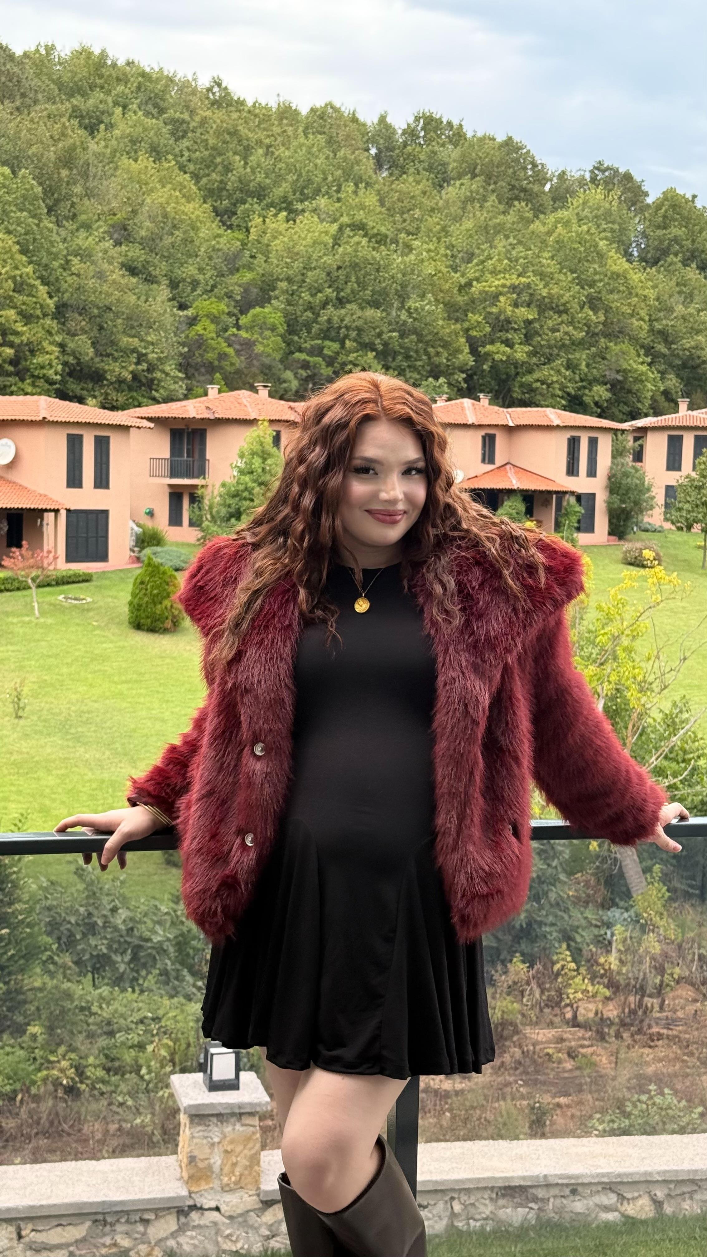 Şal Yaka Oversize Kürk Bordo