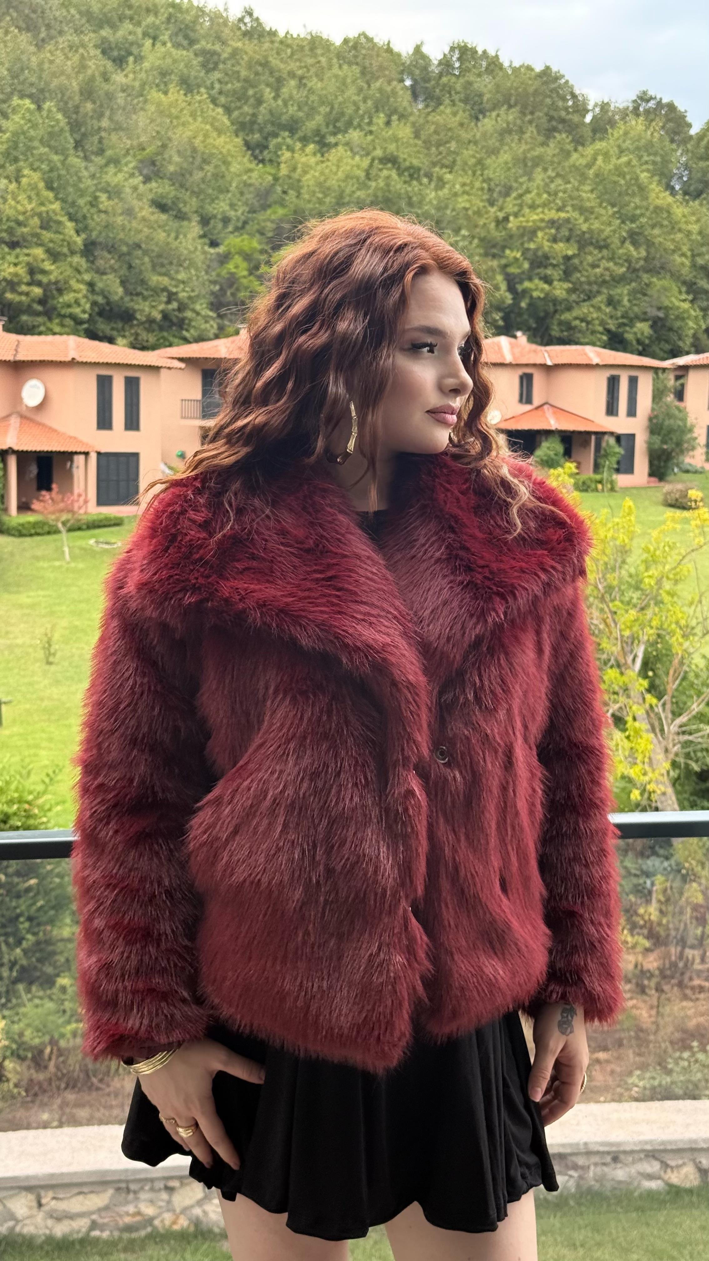 Şal Yaka Oversize Kürk Bordo