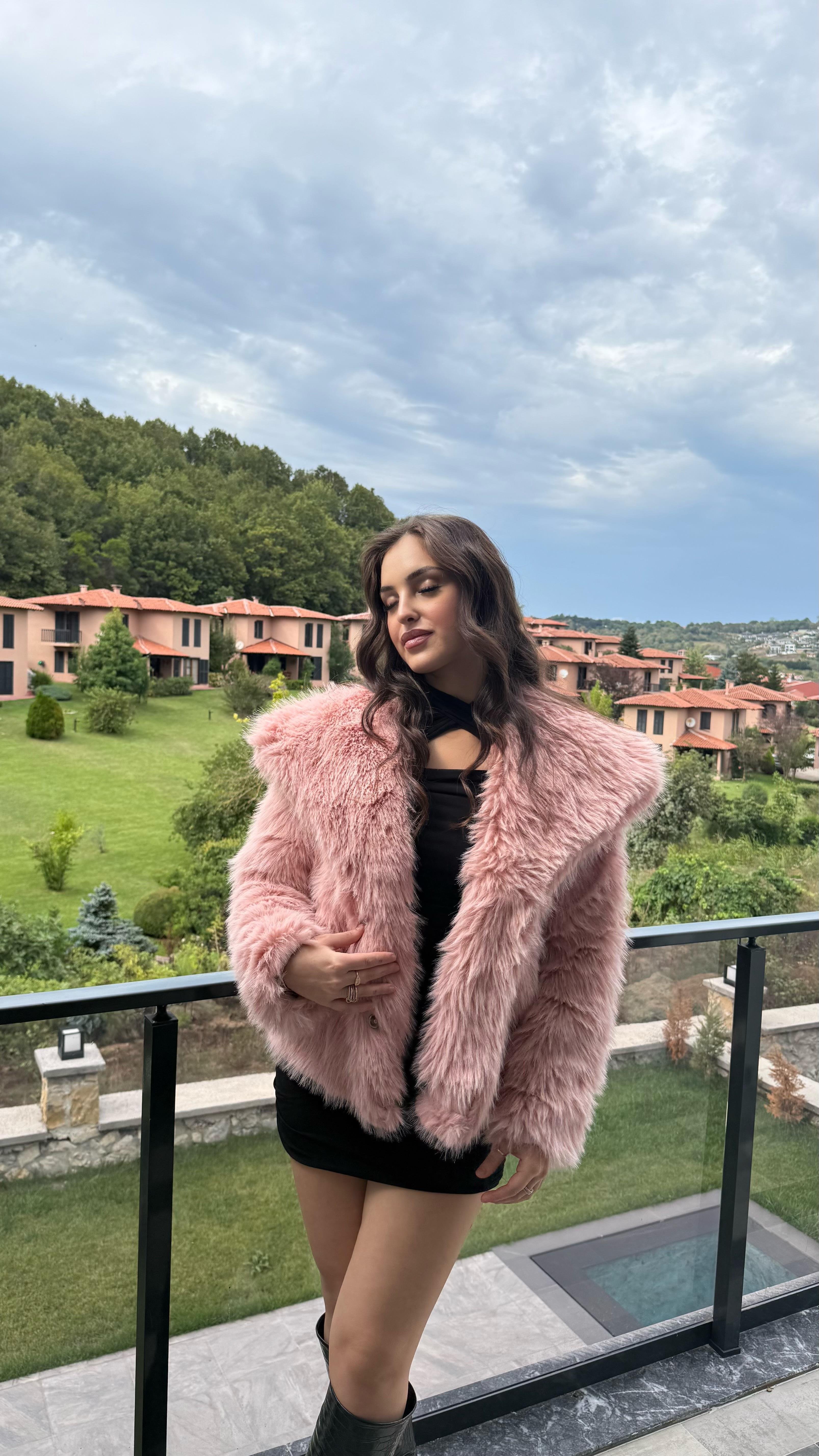 Şal Yaka Oversize Kürk Pembe