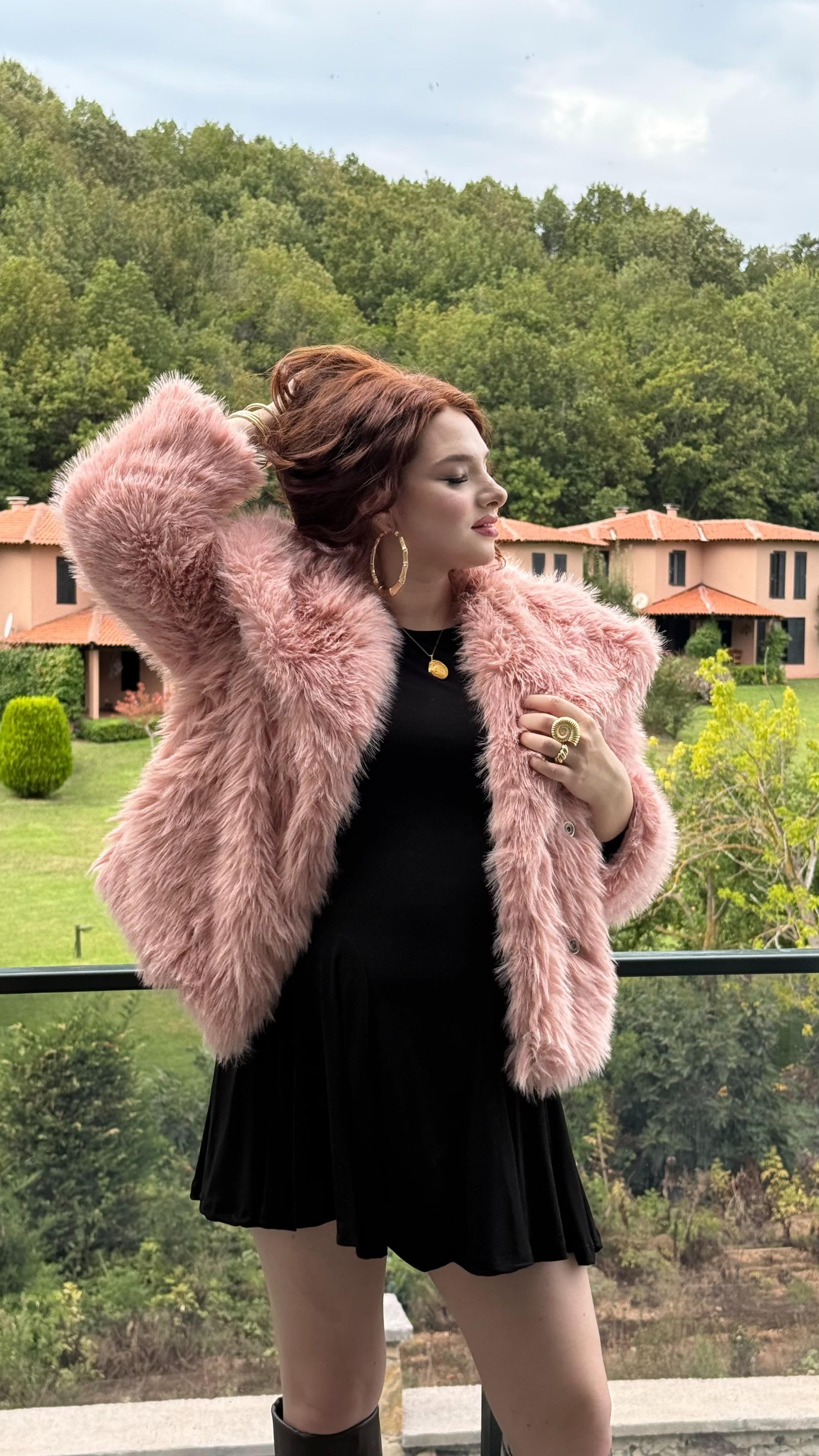 Şal Yaka Oversize Kürk Pembe