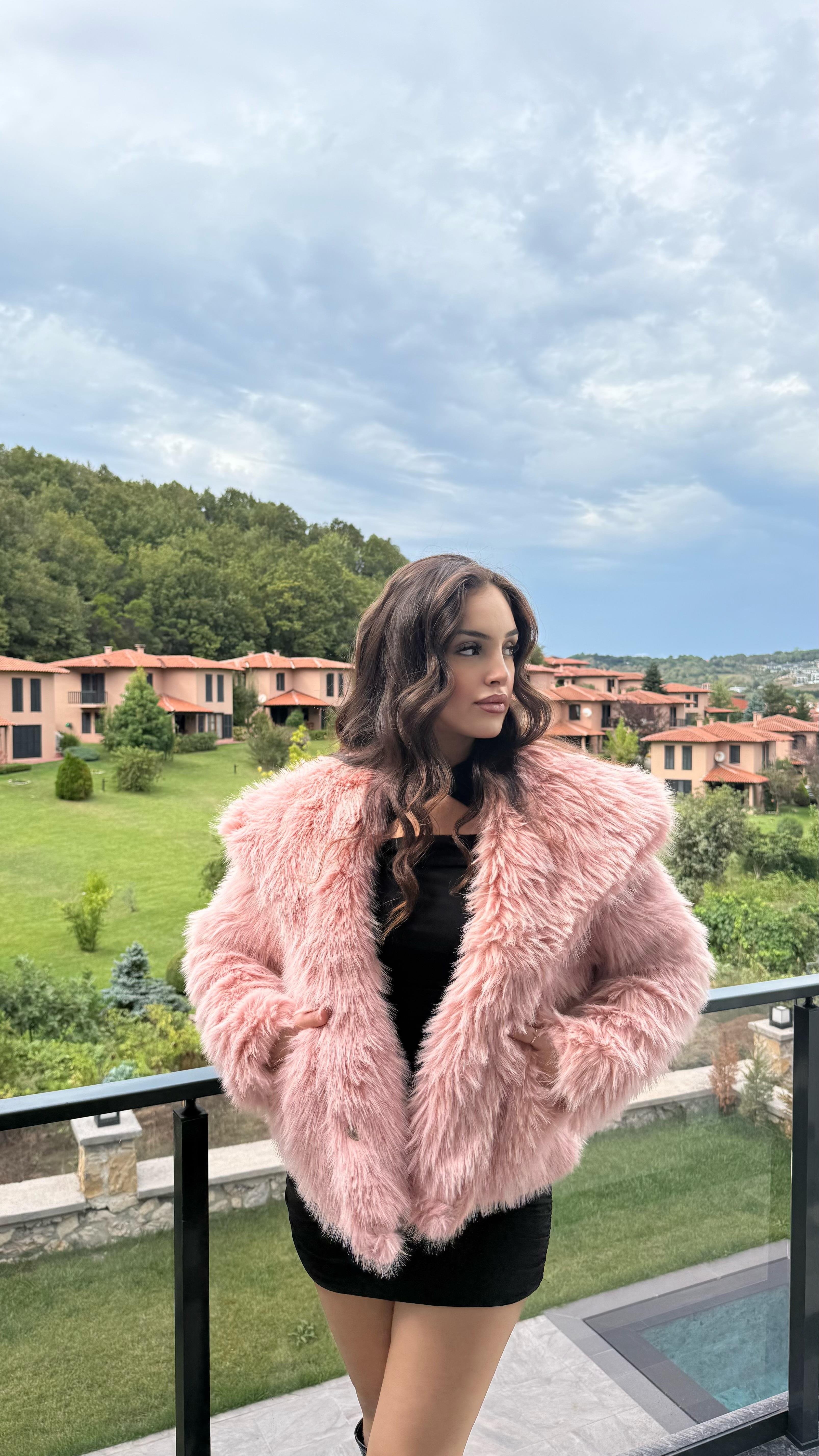 Şal Yaka Oversize Kürk Pembe