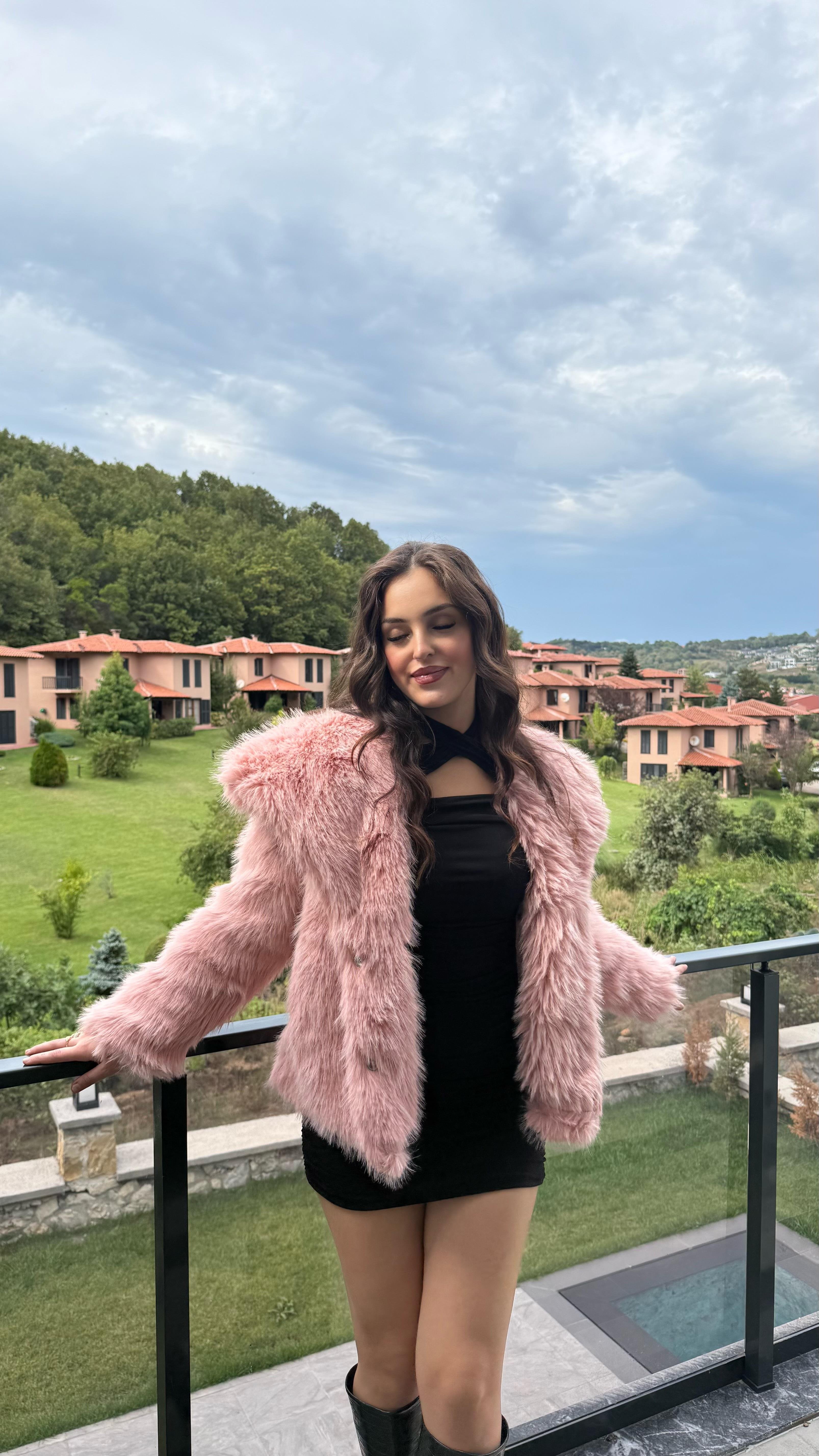 Şal Yaka Oversize Kürk Pembe