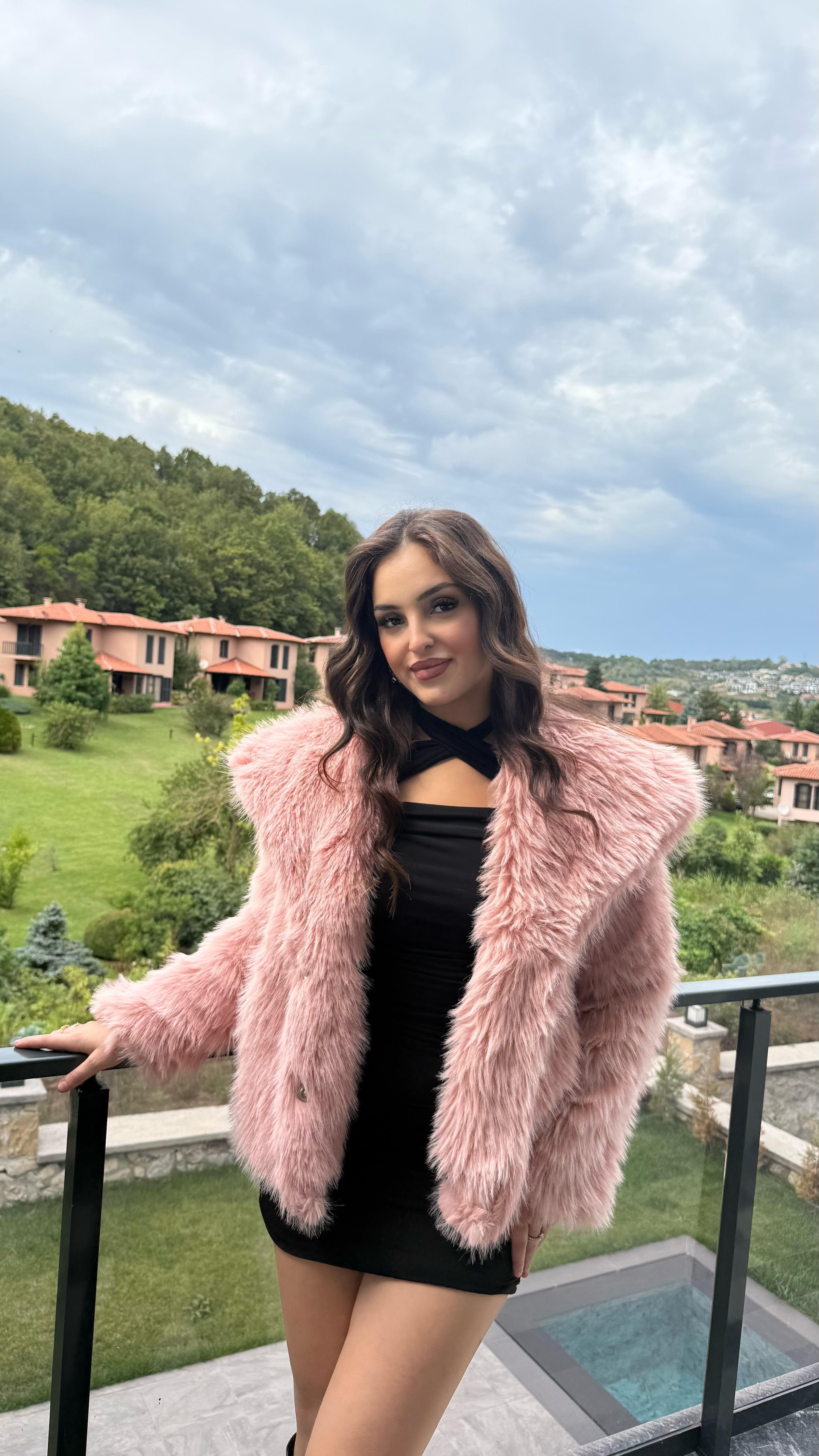 Şal Yaka Oversize Kürk Pembe