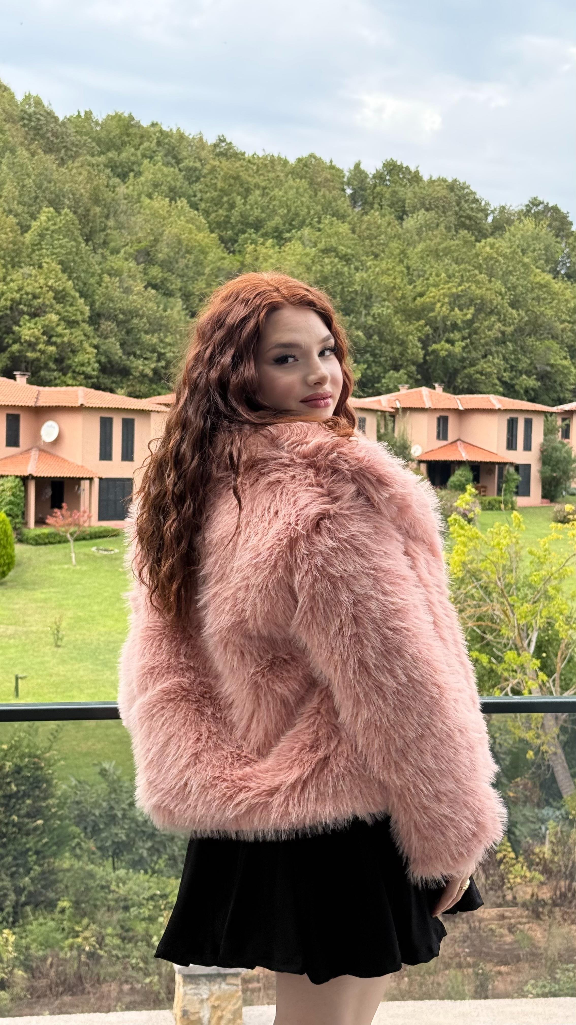 Şal Yaka Oversize Kürk Pembe