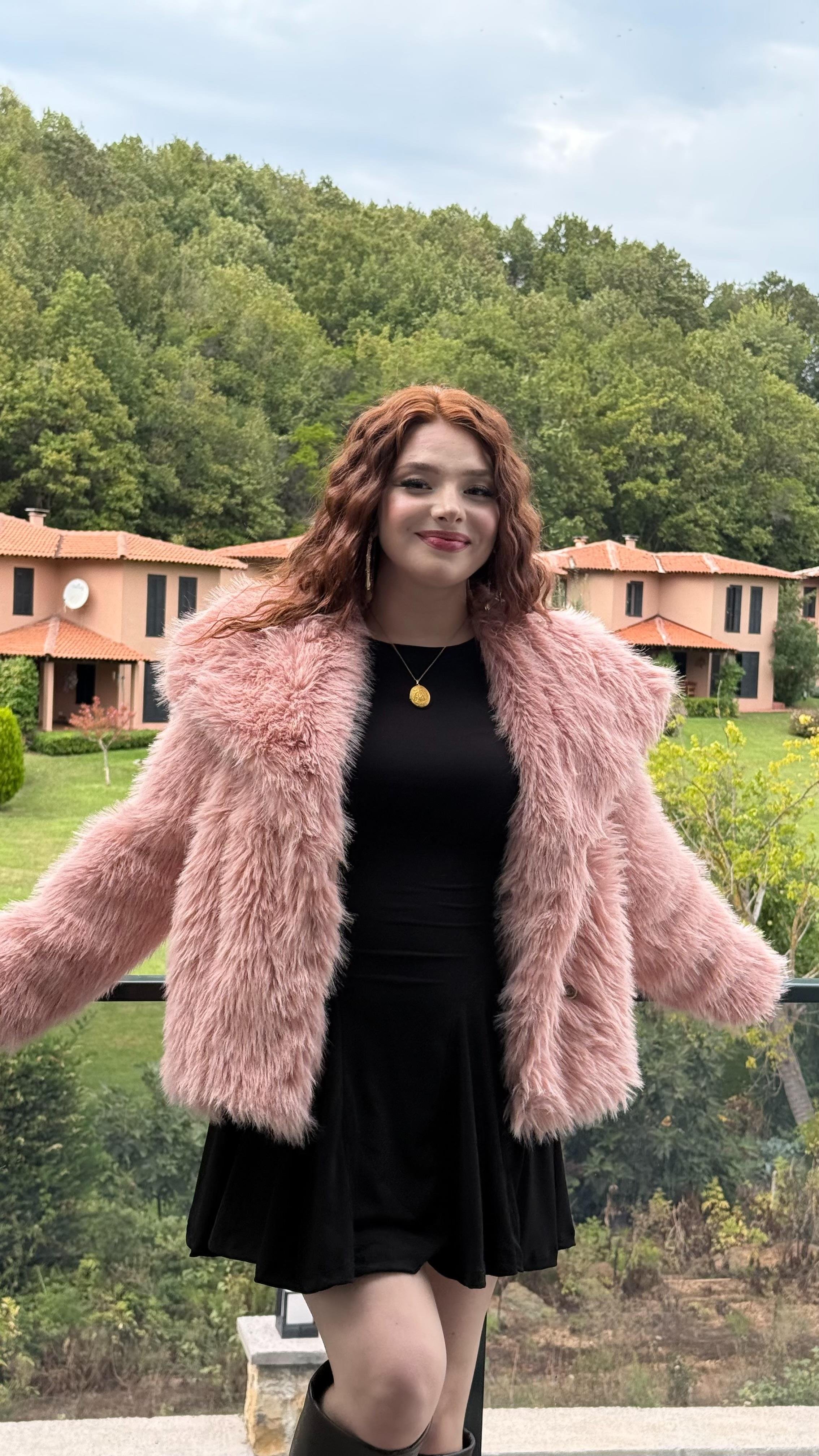 Şal Yaka Oversize Kürk Pembe